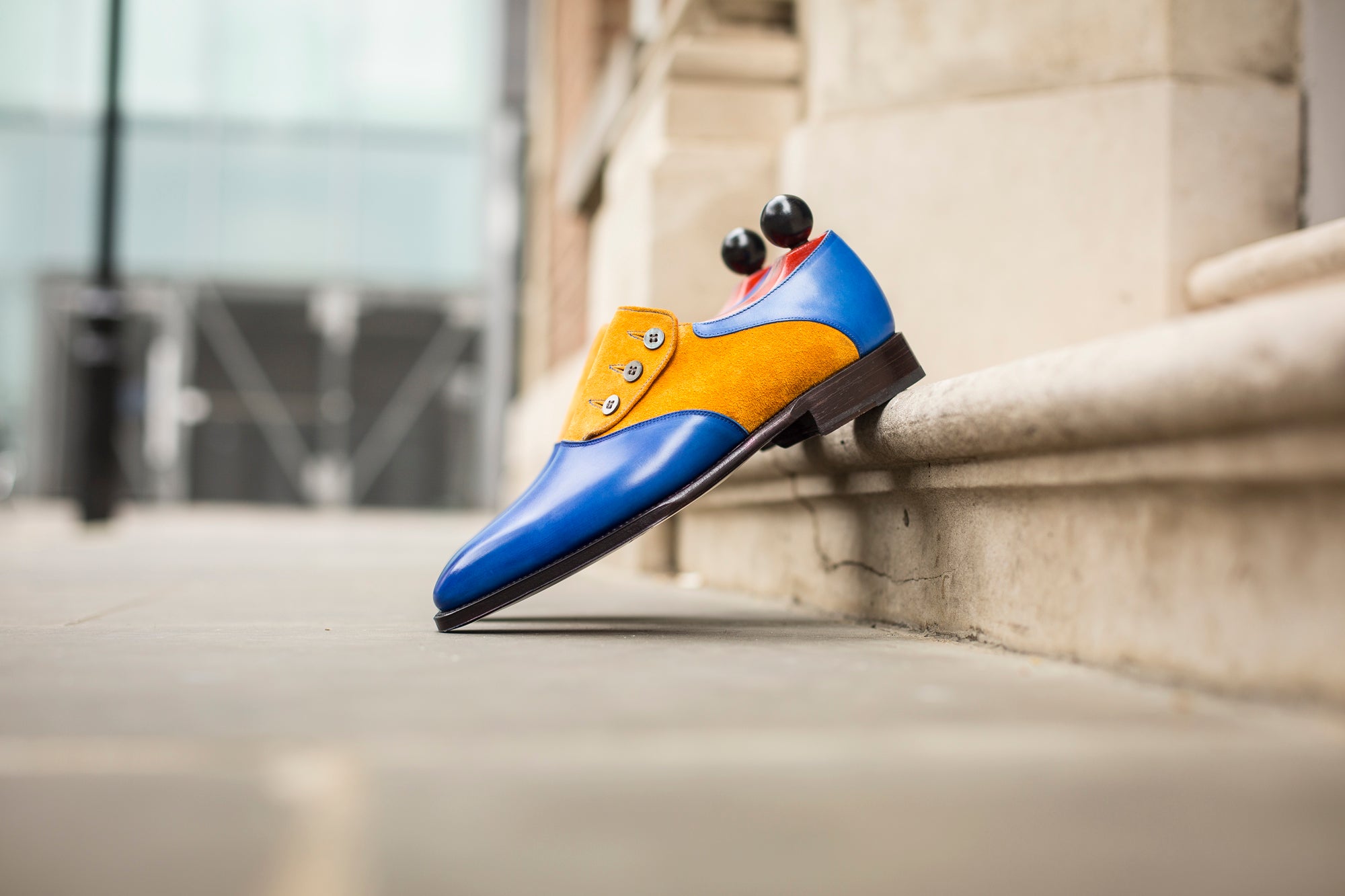 Aurora - MTO - Sky Blue Calf / Yellow Suede - LPB Last - Single Leather Sole-Made To Order Button Shoe Plain Toe-J.FitzPatrick Footwear