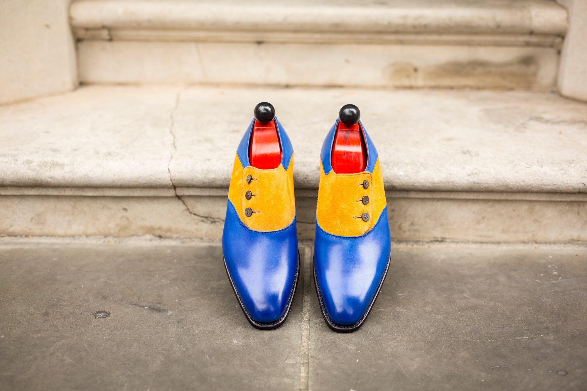 Aurora - MTO - Sky Blue Calf / Yellow Suede - LPB Last - Single Leather Sole-Made To Order Button Shoe Plain Toe-J.FitzPatrick Footwear