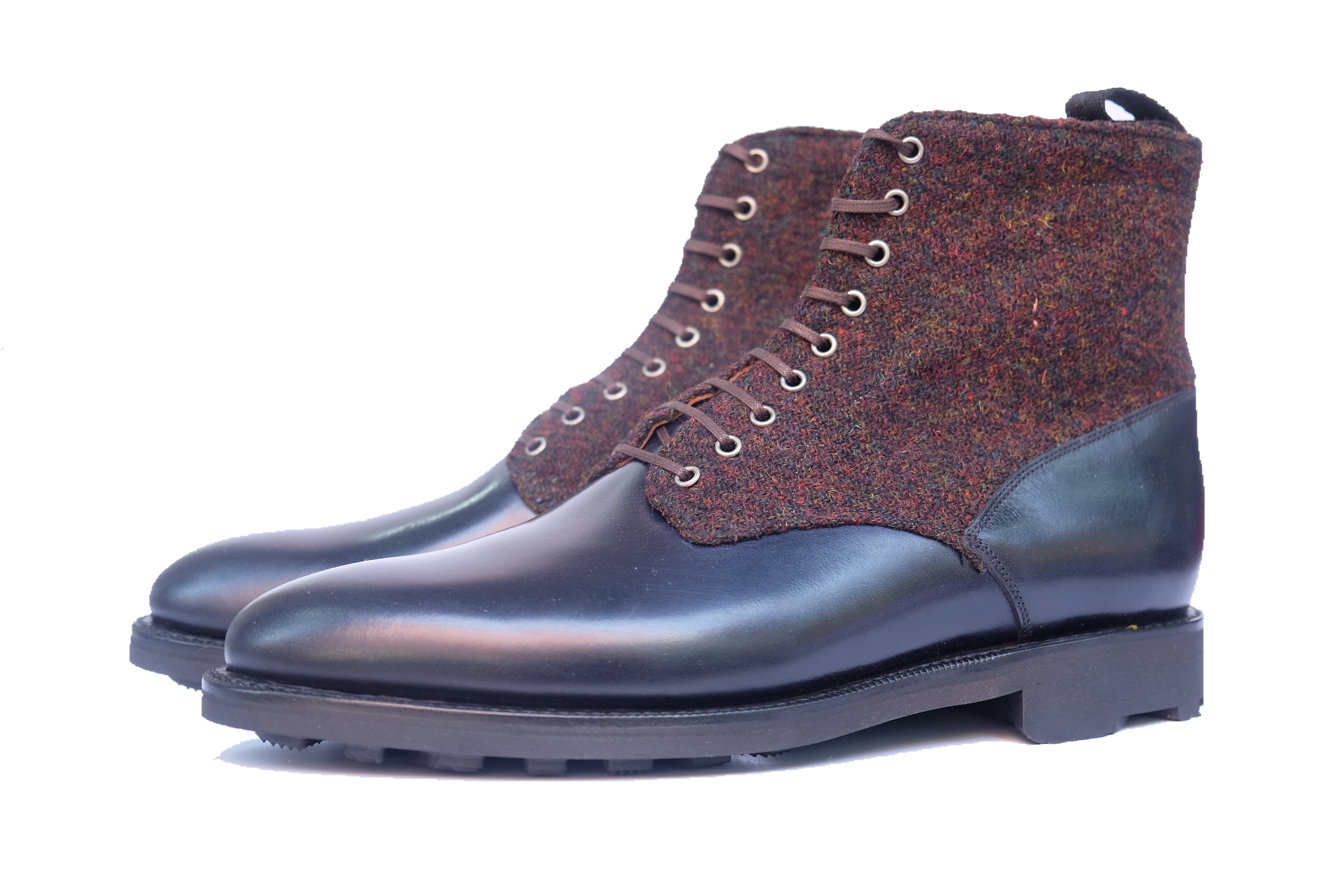 Blaine - MTO - Rugged Navy Calf / Burgundy Medley Tweed - Aged Silver Eyelets (No Speedhooks) - TMG Last - Rugged Rubber Sole-Made To Order Boot Lace Laceup Plain Toe-J.FitzPatrick Footwear