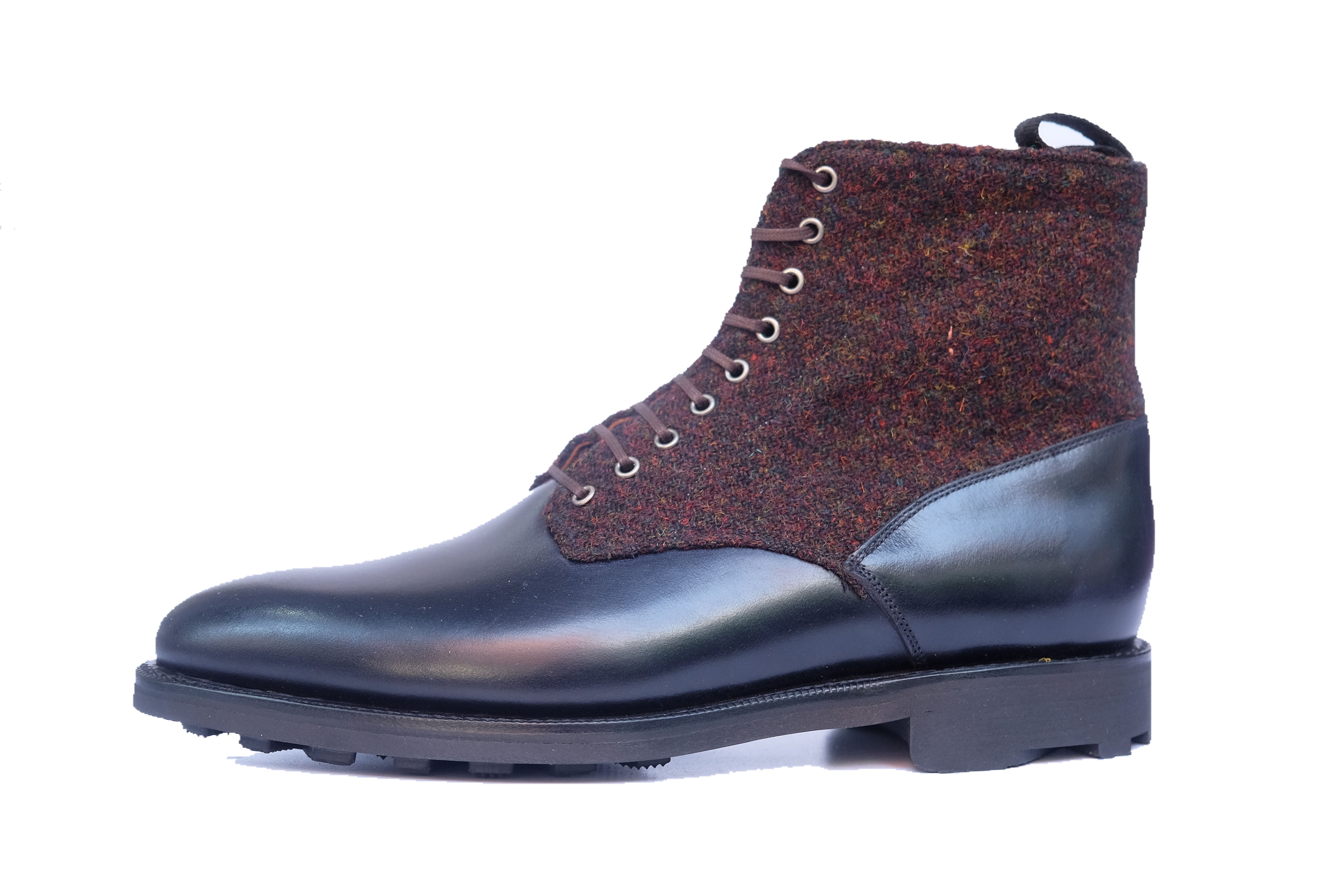 Blaine - MTO - Rugged Navy Calf / Burgundy Medley Tweed - Aged Silver Eyelets (No Speedhooks) - TMG Last - Rugged Rubber Sole-Made To Order Boot Lace Laceup Plain Toe-J.FitzPatrick Footwear