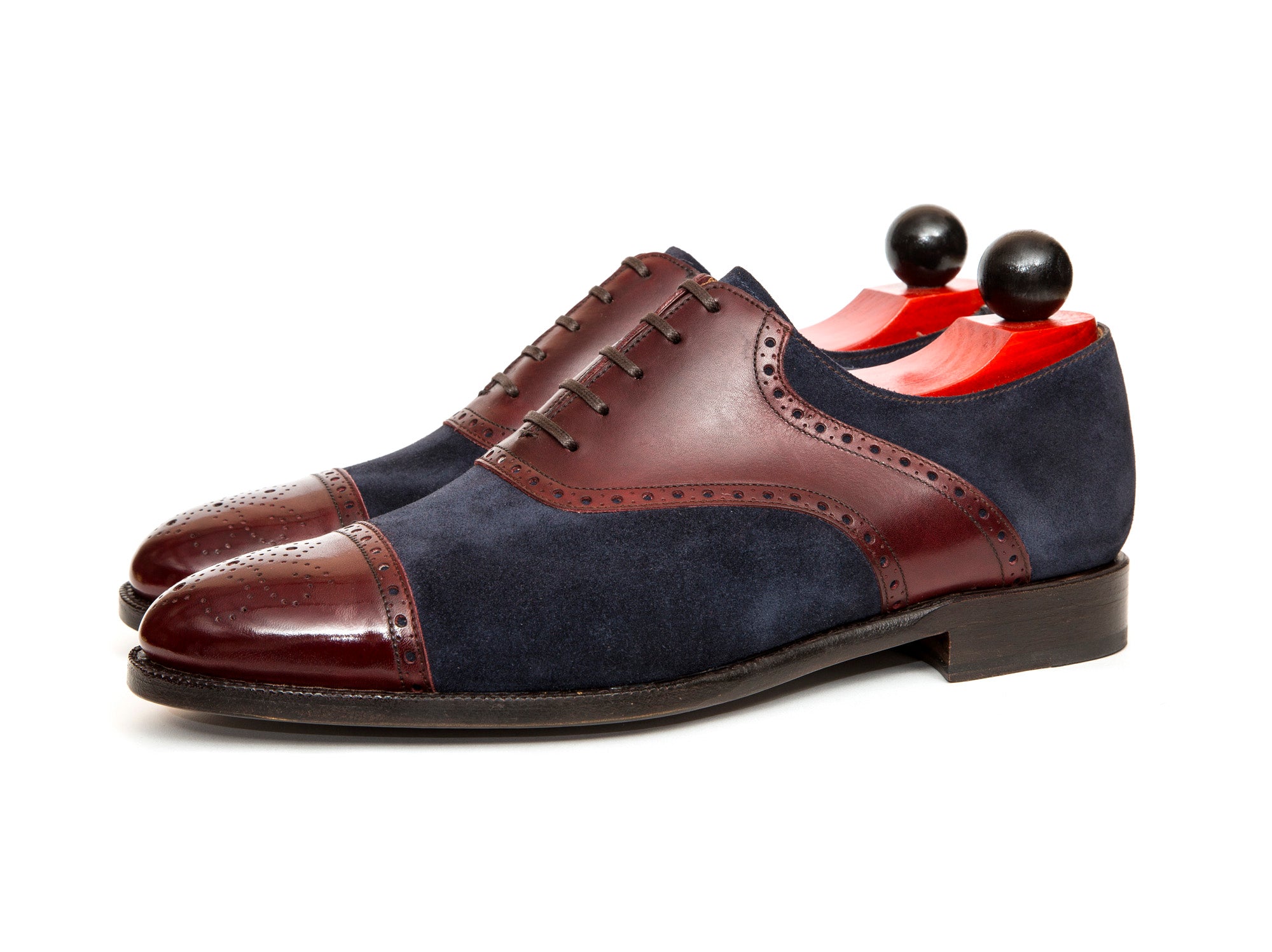 Burien - MTO - Burgundy Calf / Navy Suede - TMG Last - Single Leather Sole-Made To Order Cap Toe Medallion Saddle Shoe Oxfords Brogues-J.FitzPatrick Footwear