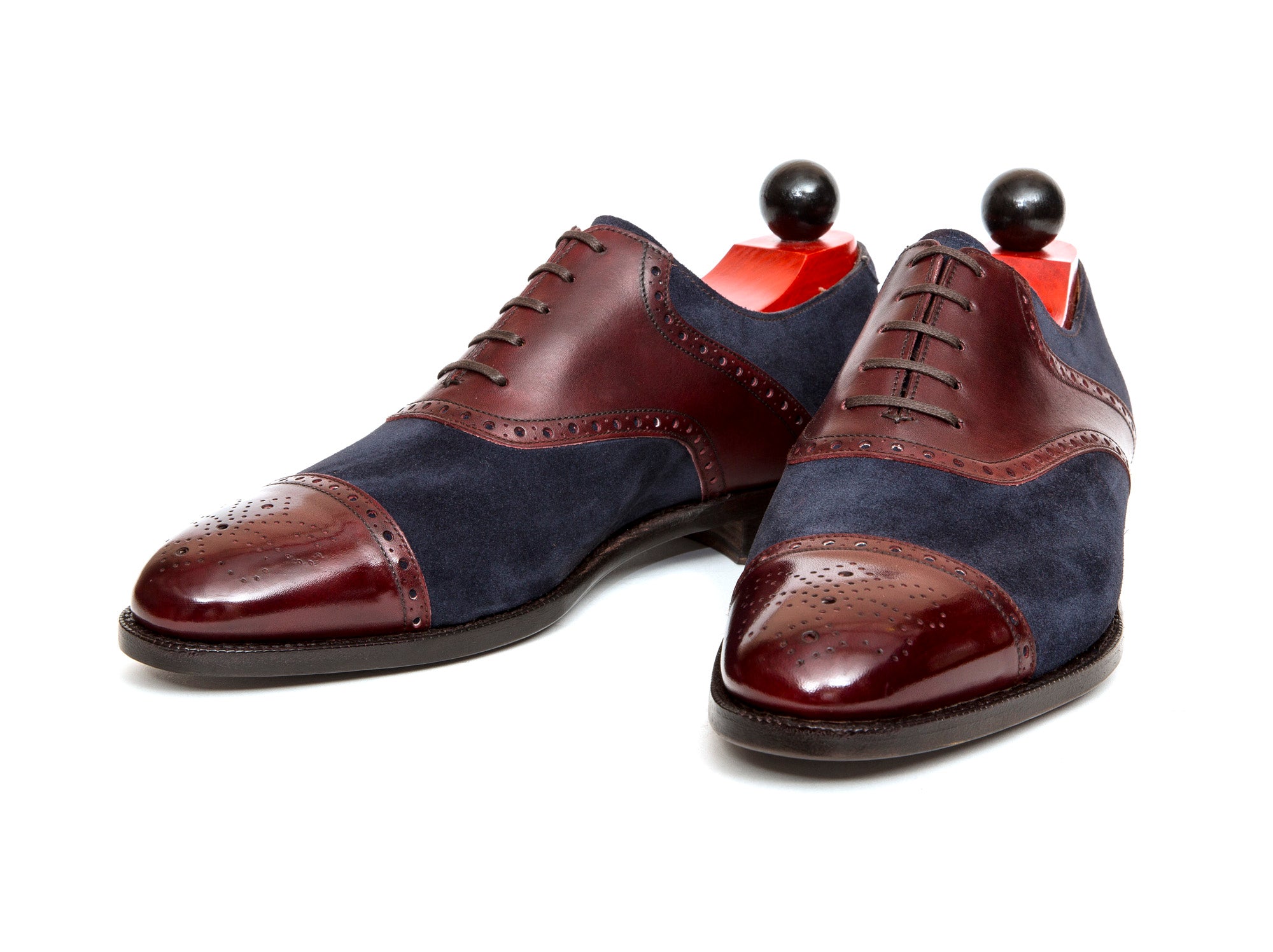 Burien - MTO - Burgundy Calf / Navy Suede - TMG Last - Single Leather Sole-Made To Order Cap Toe Medallion Saddle Shoe Oxfords Brogues-J.FitzPatrick Footwear