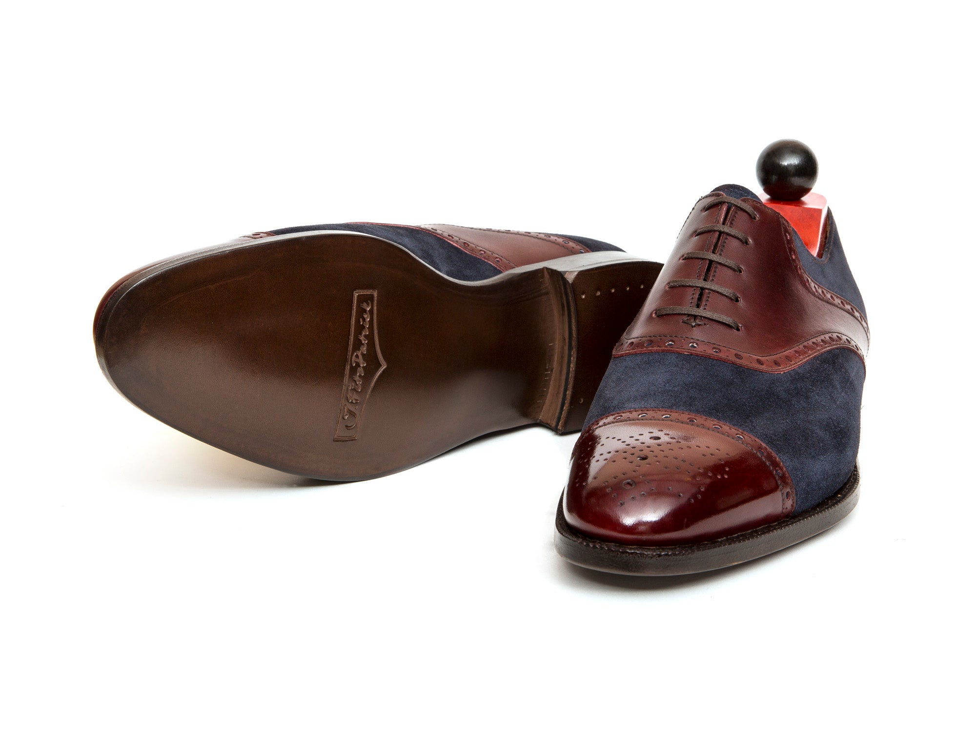 Burien - MTO - Burgundy Calf / Navy Suede - TMG Last - Single Leather Sole-Made To Order Cap Toe Medallion Saddle Shoe Oxfords Brogues-J.FitzPatrick Footwear