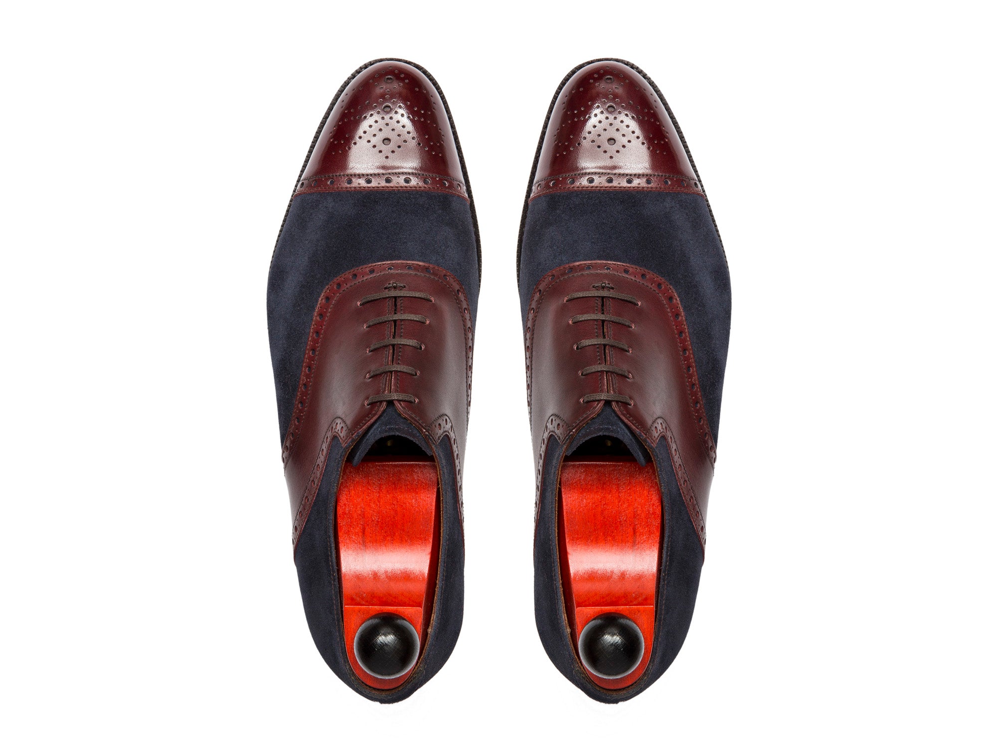 Burien - MTO - Burgundy Calf / Navy Suede - TMG Last - Single Leather Sole-Made To Order Cap Toe Medallion Saddle Shoe Oxfords Brogues-J.FitzPatrick Footwear