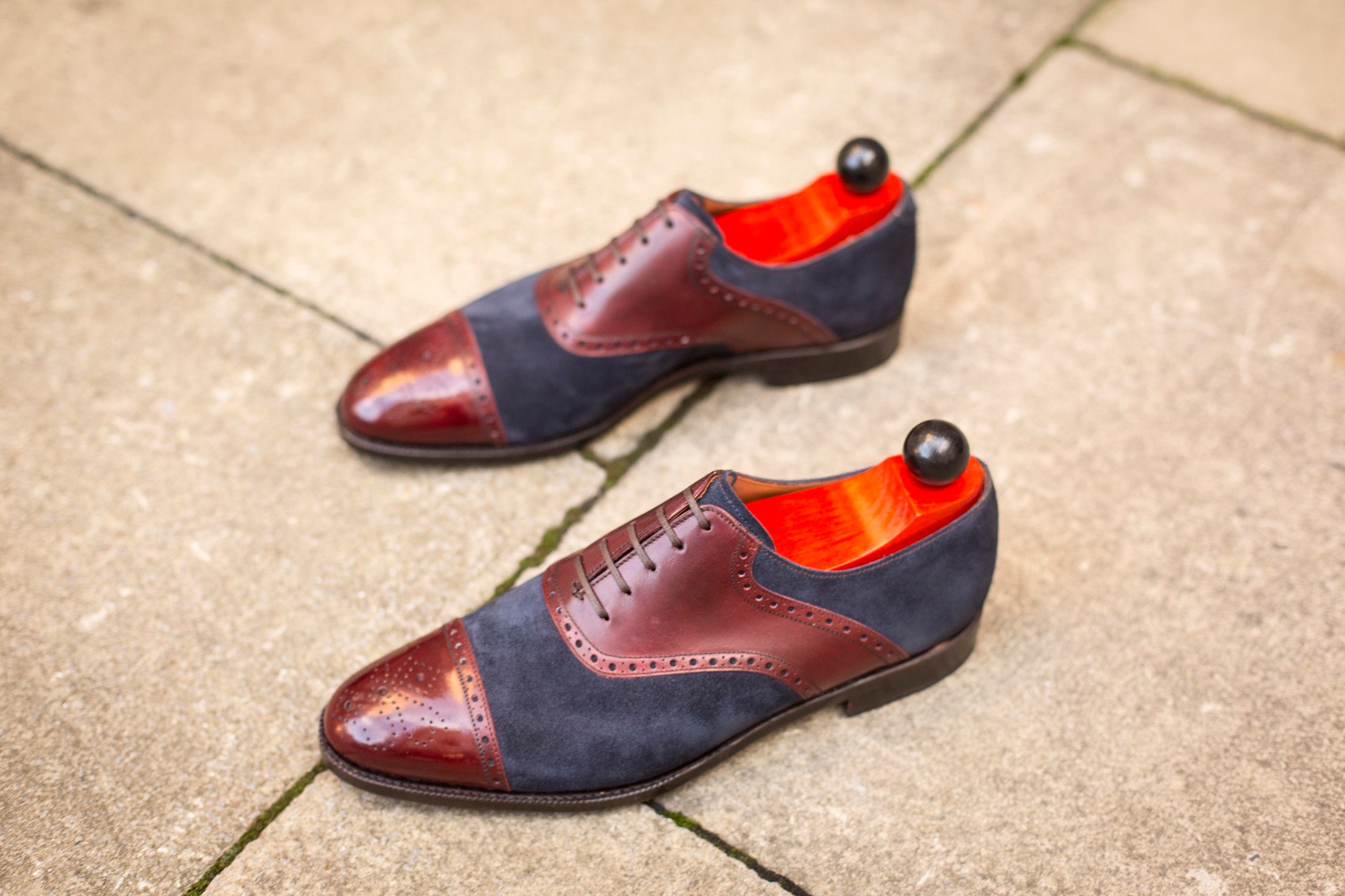 Burien - MTO - Burgundy Calf / Navy Suede - TMG Last - Single Leather Sole-Made To Order Cap Toe Medallion Saddle Shoe Oxfords Brogues-J.FitzPatrick Footwear