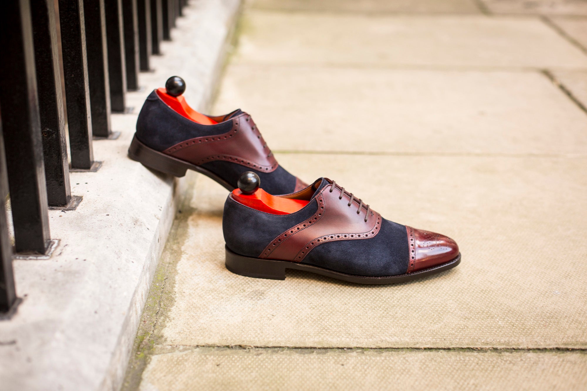 Burien - MTO - Burgundy Calf / Navy Suede - TMG Last - Single Leather Sole-Made To Order Cap Toe Medallion Saddle Shoe Oxfords Brogues-J.FitzPatrick Footwear