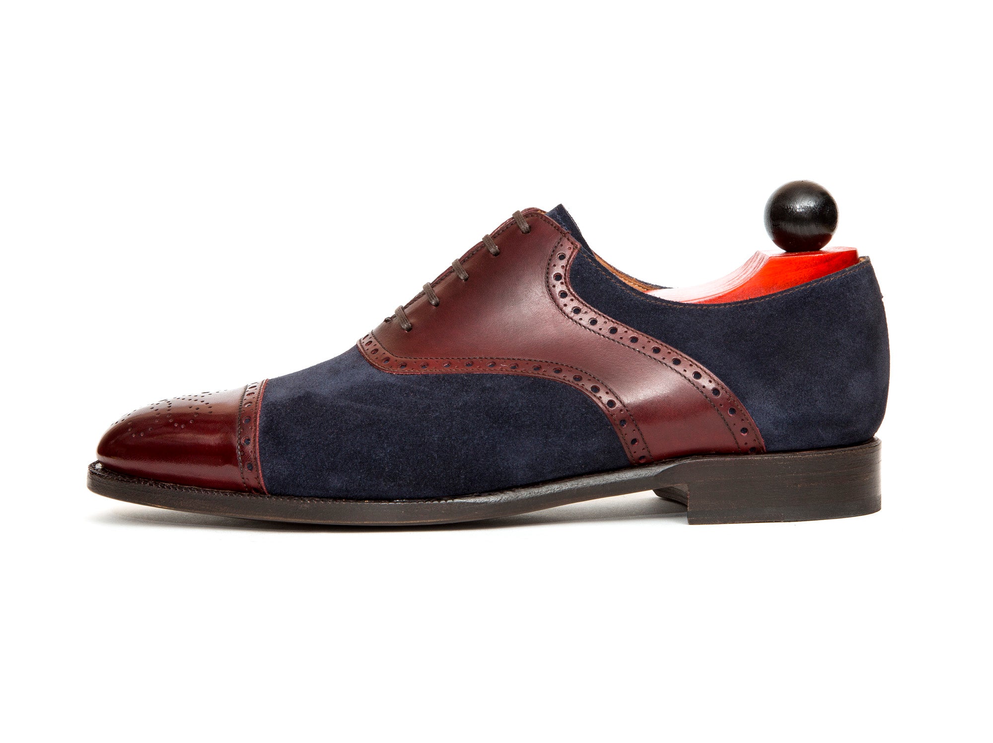 Burien - MTO - Burgundy Calf / Navy Suede - TMG Last - Single Leather Sole-Made To Order Cap Toe Medallion Saddle Shoe Oxfords Brogues-J.FitzPatrick Footwear