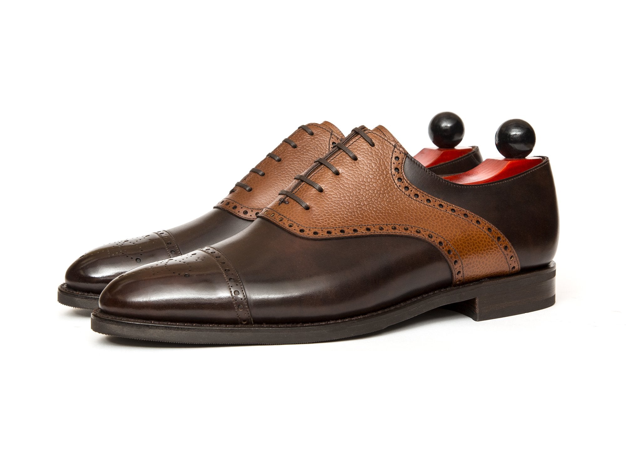 Burien - MTO - Dark Brown Museum Calf / Tan Soft Grain - TMG Last - City Rubber Sole-Made To Order Cap Toe Medallion Saddle Shoe Oxfords Brogues-J.FitzPatrick Footwear
