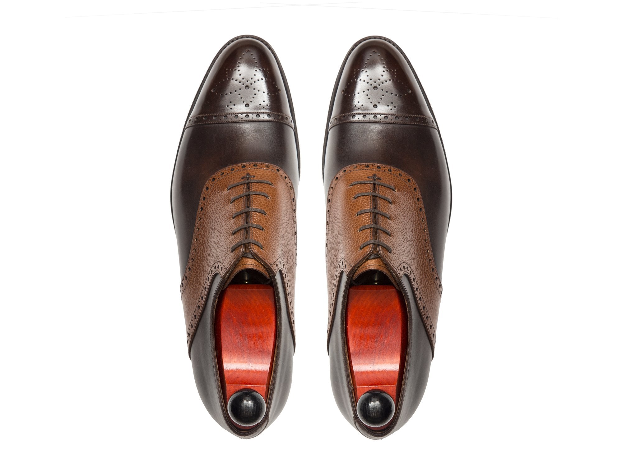 Burien - MTO - Dark Brown Museum Calf / Tan Soft Grain - TMG Last - City Rubber Sole-Made To Order Cap Toe Medallion Saddle Shoe Oxfords Brogues-J.FitzPatrick Footwear