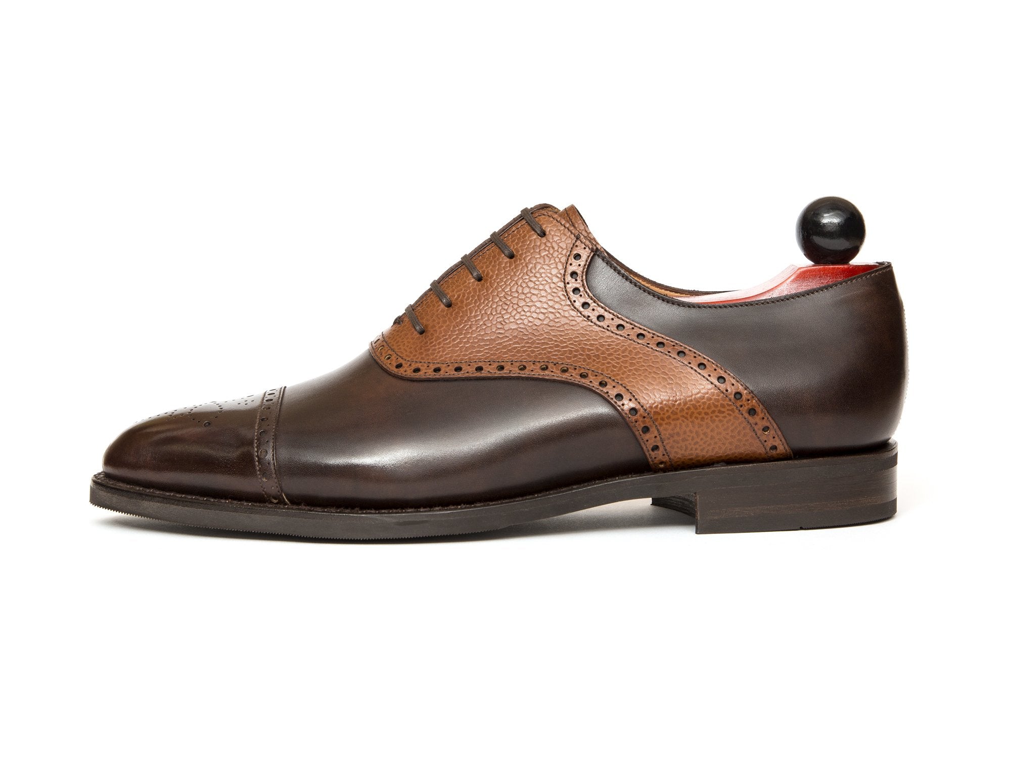 Burien - MTO - Dark Brown Museum Calf / Tan Soft Grain - TMG Last - City Rubber Sole-Made To Order Cap Toe Medallion Saddle Shoe Oxfords Brogues-J.FitzPatrick Footwear