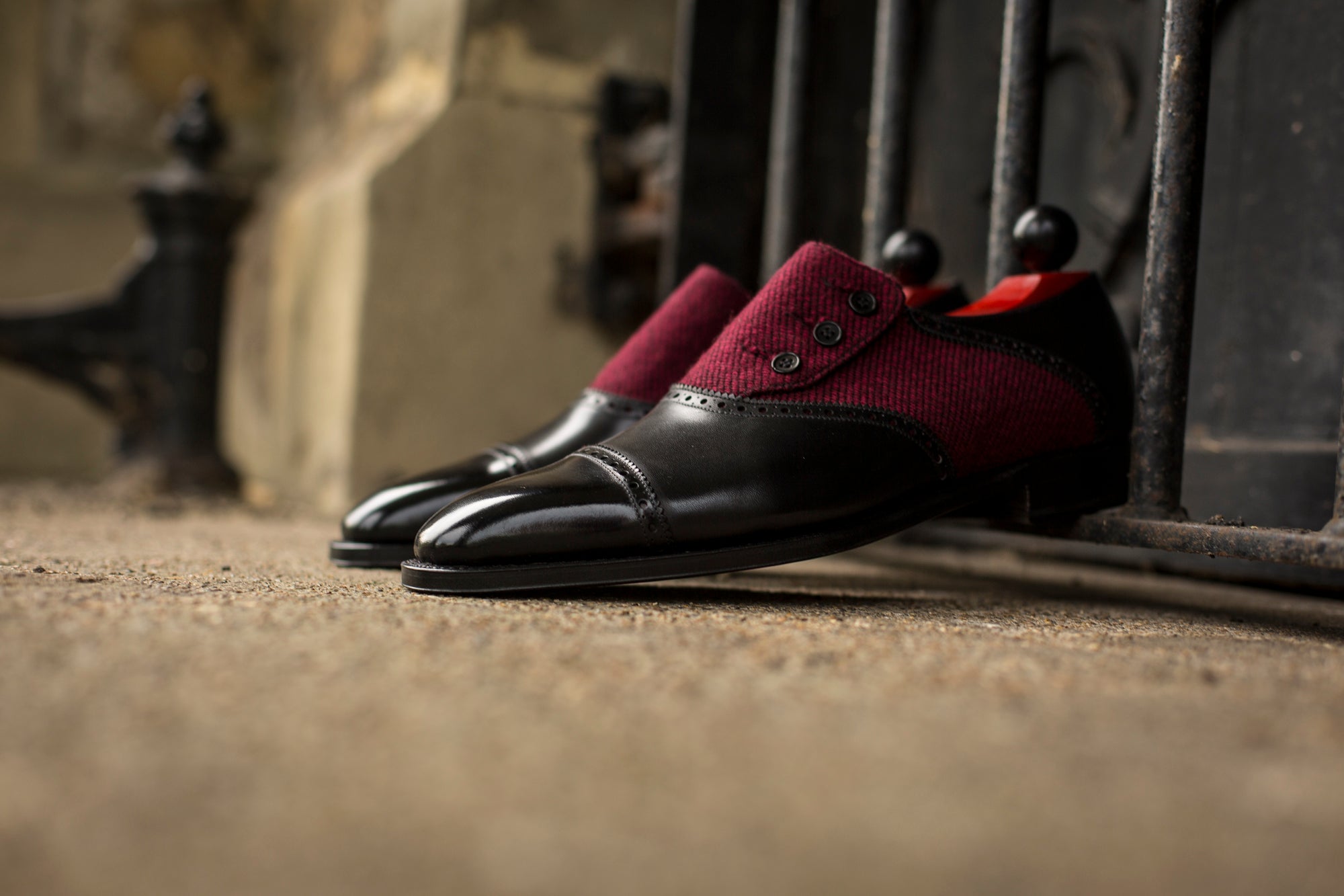 Cyril - MTO - Black Calf / Red Poulsbo - LPB Last - Single Leather Sole-Made To Order Button Shoe Cap Toe Brogue-J.FitzPatrick Footwear