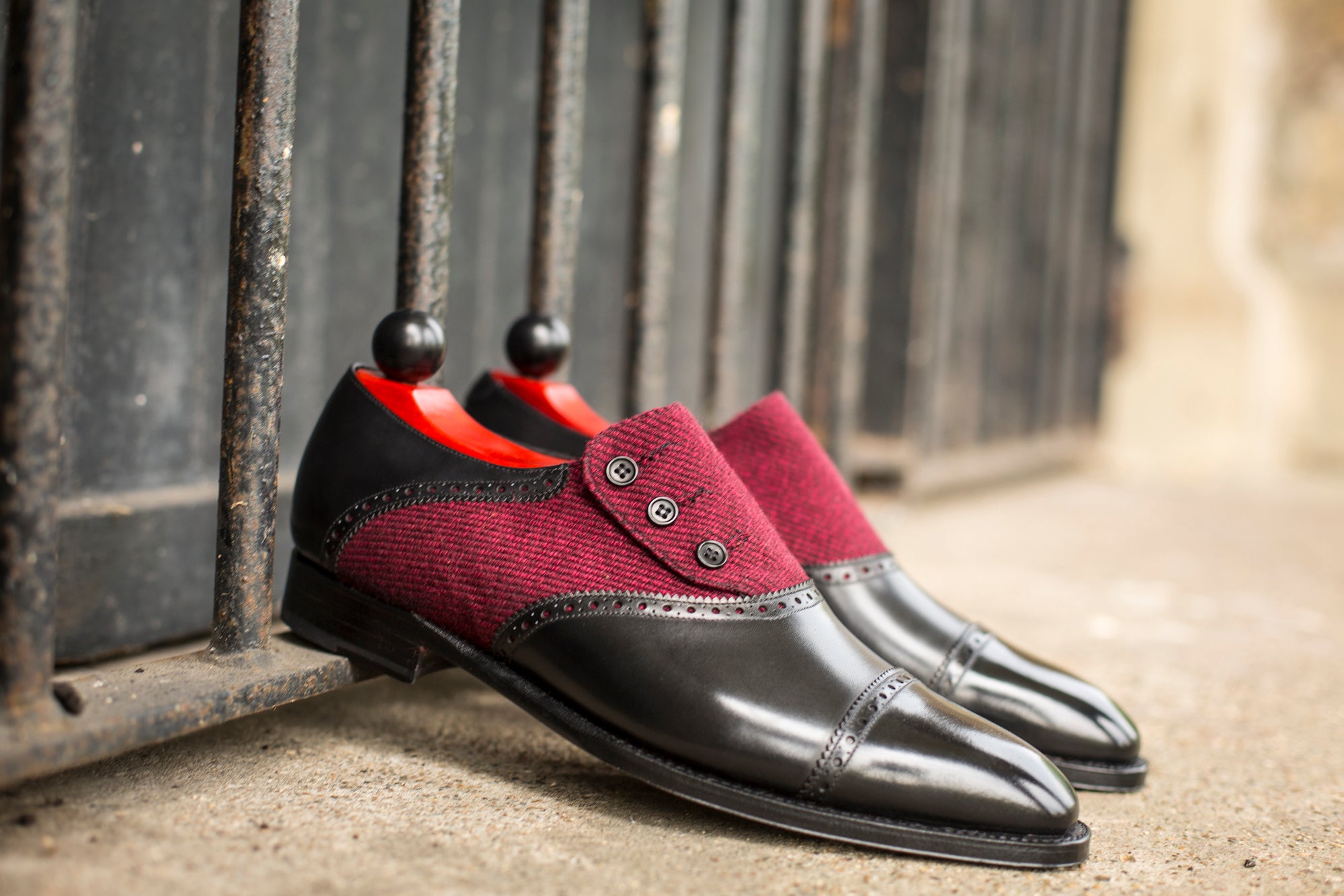 Cyril - MTO - Black Calf / Red Poulsbo - LPB Last - Single Leather Sole-Made To Order Button Shoe Cap Toe Brogue-J.FitzPatrick Footwear