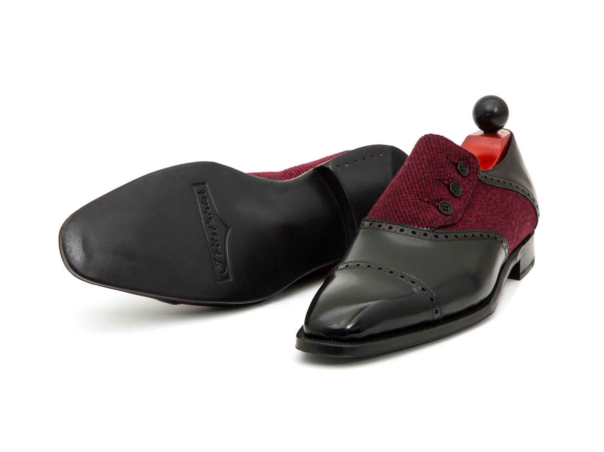 Cyril - MTO - Black Calf / Red Poulsbo - LPB Last - Single Leather Sole-Made To Order Button Shoe Cap Toe Brogue-J.FitzPatrick Footwear