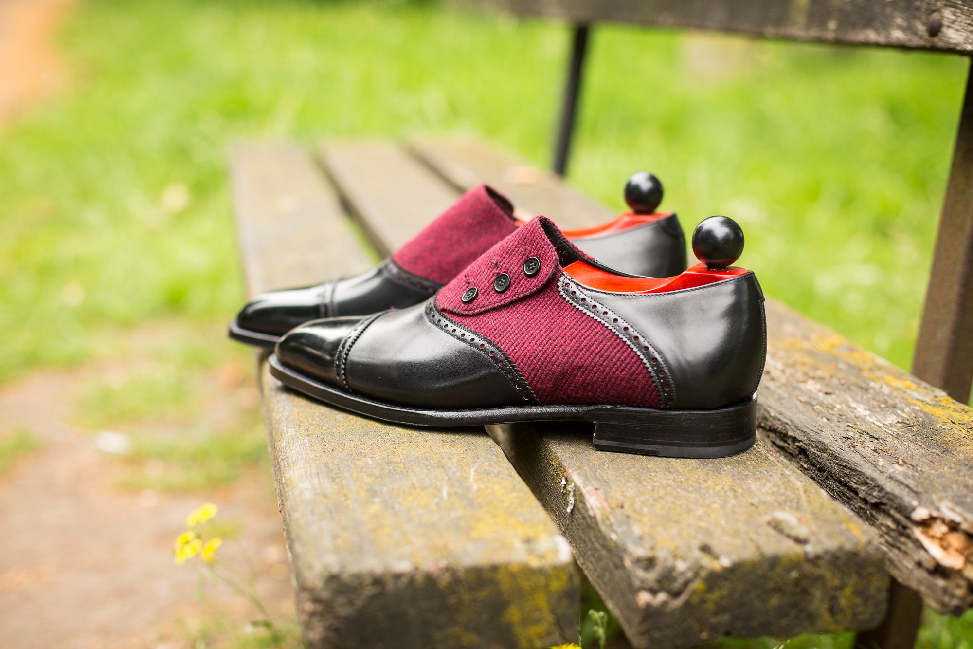 Cyril - MTO - Black Calf / Red Poulsbo - LPB Last - Single Leather Sole-Made To Order Button Shoe Cap Toe Brogue-J.FitzPatrick Footwear