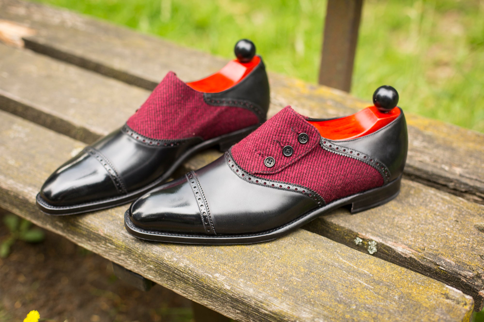 Cyril - MTO - Black Calf / Red Poulsbo - LPB Last - Single Leather Sole-Made To Order Button Shoe Cap Toe Brogue-J.FitzPatrick Footwear