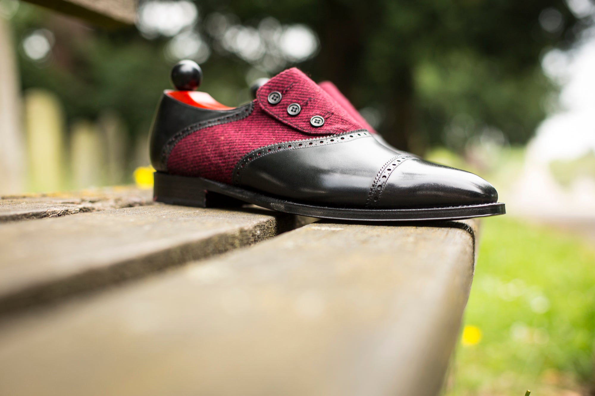 Cyril - MTO - Black Calf / Red Poulsbo - LPB Last - Single Leather Sole-Made To Order Button Shoe Cap Toe Brogue-J.FitzPatrick Footwear