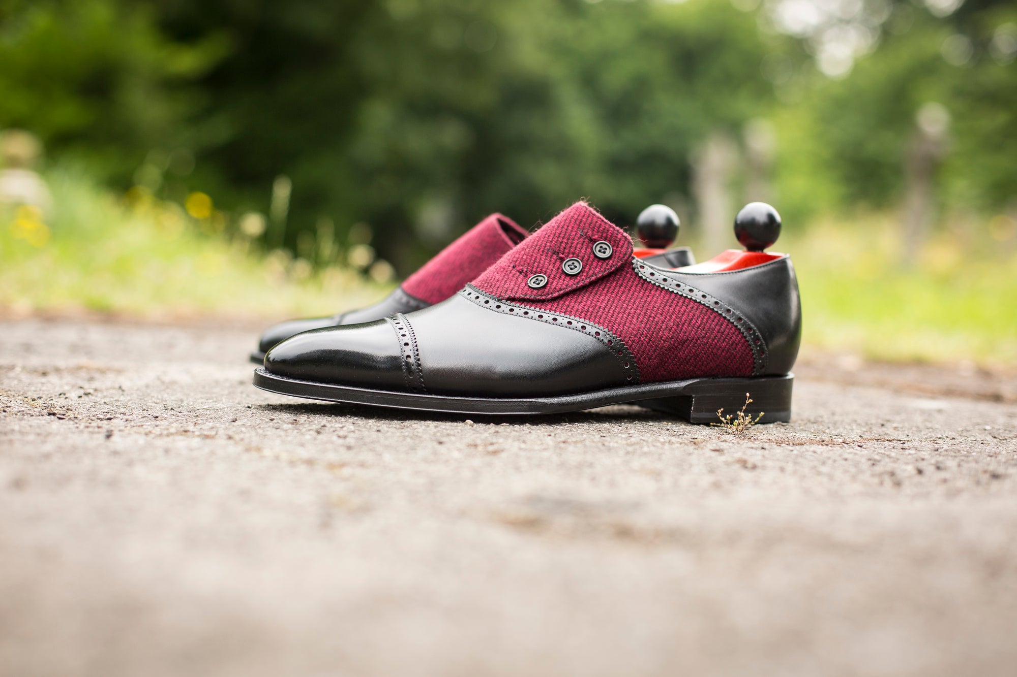 Cyril - MTO - Black Calf / Red Poulsbo - LPB Last - Single Leather Sole-Made To Order Button Shoe Cap Toe Brogue-J.FitzPatrick Footwear