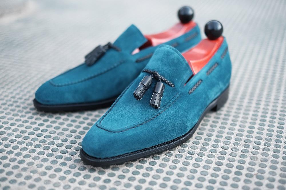 Eskapa - MTO - Teal Suede / Black Tassel - LPB Last - Single Leather Sole-Made To Order Tassel Loafer-J.FitzPatrick Footwear