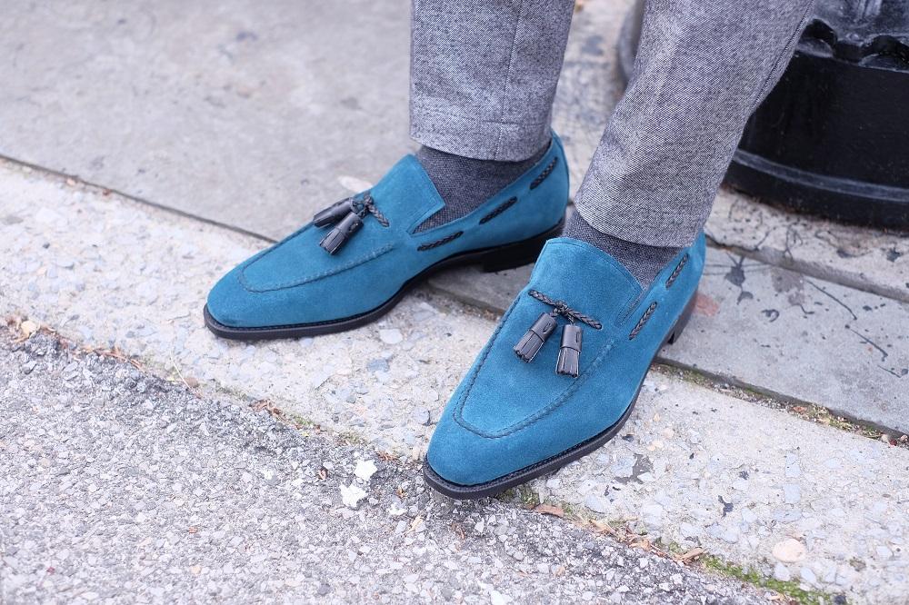 Eskapa - MTO - Teal Suede / Black Tassel - LPB Last - Single Leather Sole-Made To Order Tassel Loafer-J.FitzPatrick Footwear