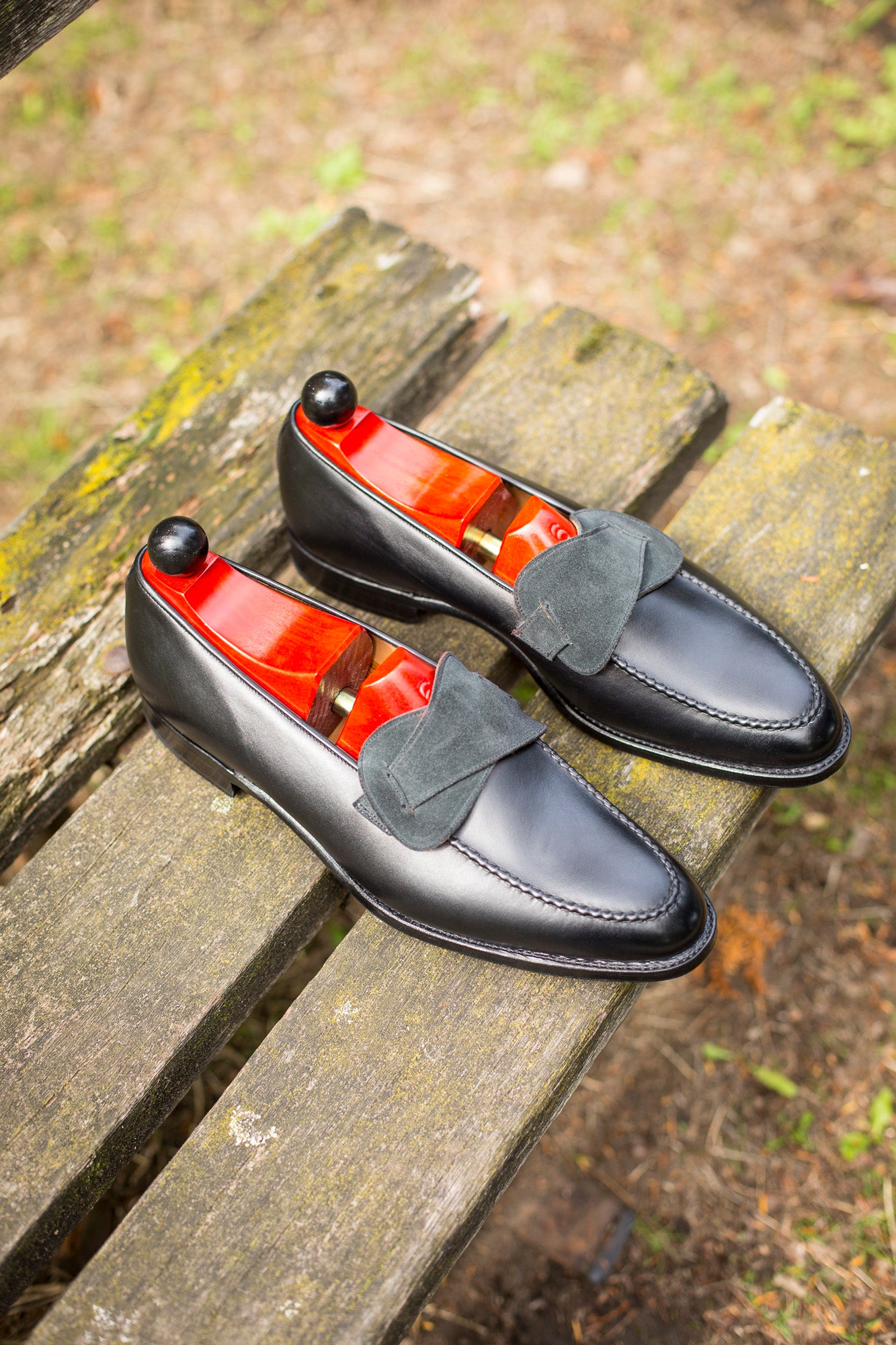 Hawthorne - MTO - Black Calf / Charcoal Suede - TMG Last - Single Leather Sole-Made To Order Butterfly Loafer Hand Stitched-J.FitzPatrick Footwear