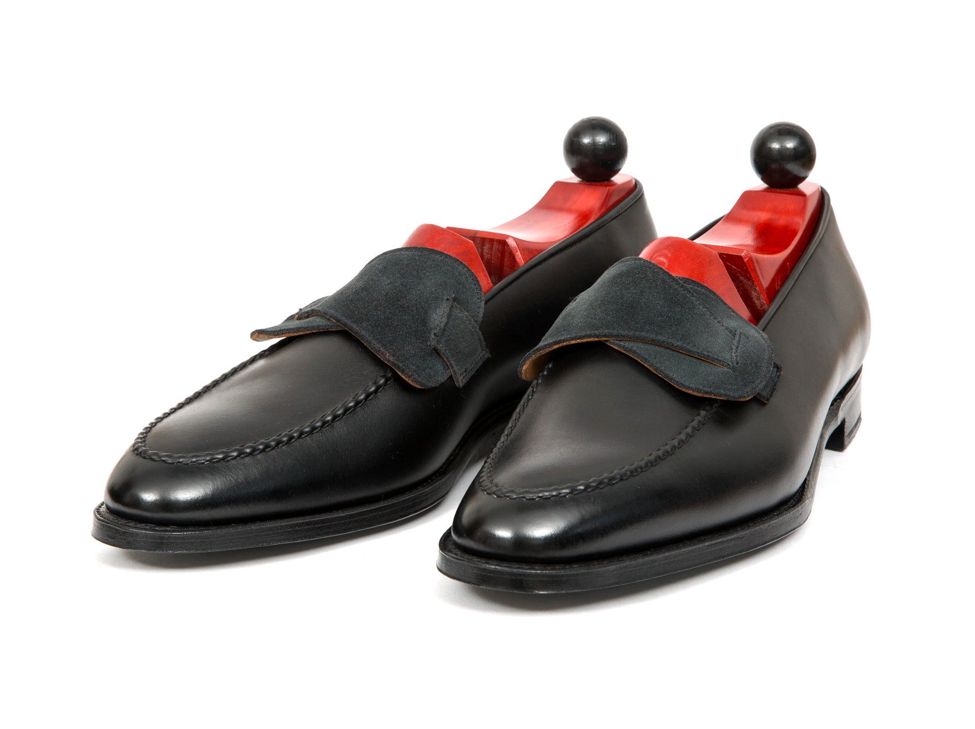 Hawthorne - MTO - Black Calf / Charcoal Suede - TMG Last - Single Leather Sole-Made To Order Butterfly Loafer Hand Stitched-J.FitzPatrick Footwear