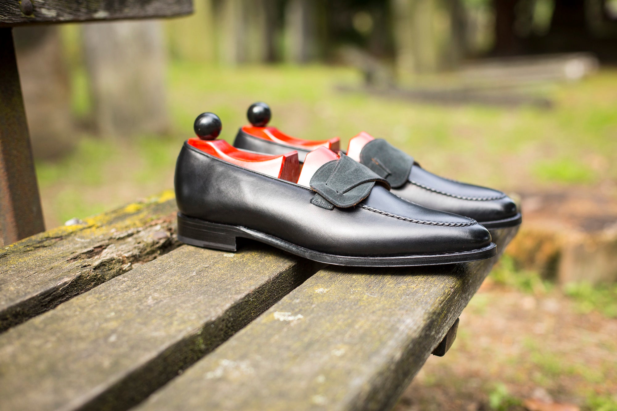 Hawthorne - MTO - Black Calf / Charcoal Suede - TMG Last - Single Leather Sole-Made To Order Butterfly Loafer Hand Stitched-J.FitzPatrick Footwear