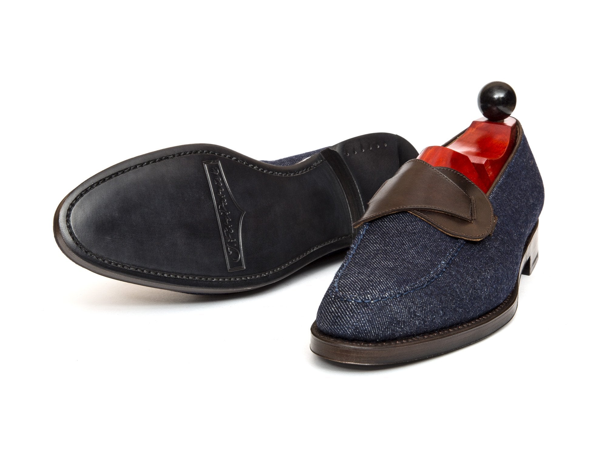 Hawthorne - MTO - Blue Denim / Dark Brown Museum Calf - TMG Last - Single Leather Sole-Made To Order Butterfly Loafer Hand Stitched-J.FitzPatrick Footwear