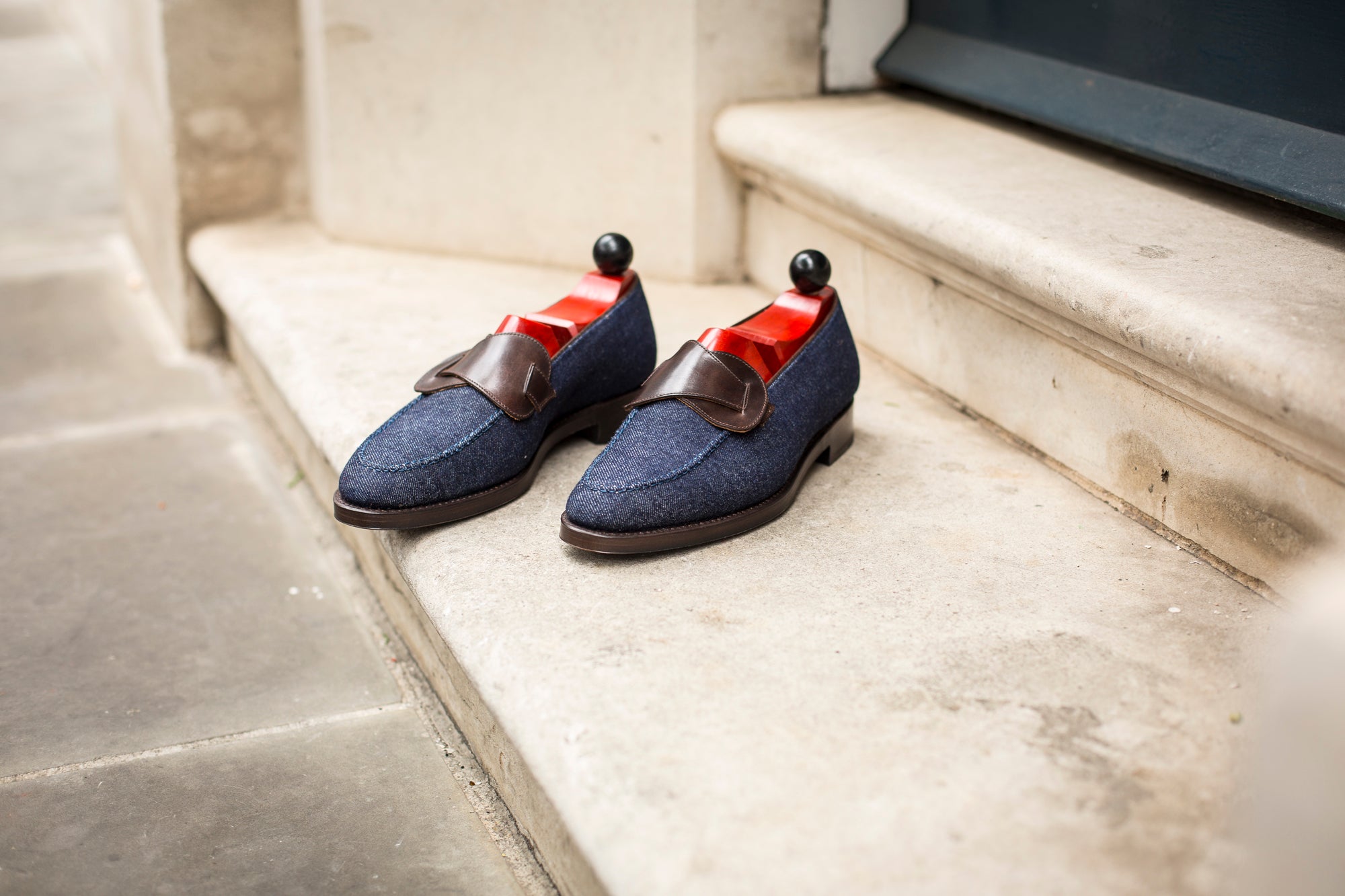 Hawthorne - MTO - Blue Denim / Dark Brown Museum Calf - TMG Last - Single Leather Sole-Made To Order Butterfly Loafer Hand Stitched-J.FitzPatrick Footwear