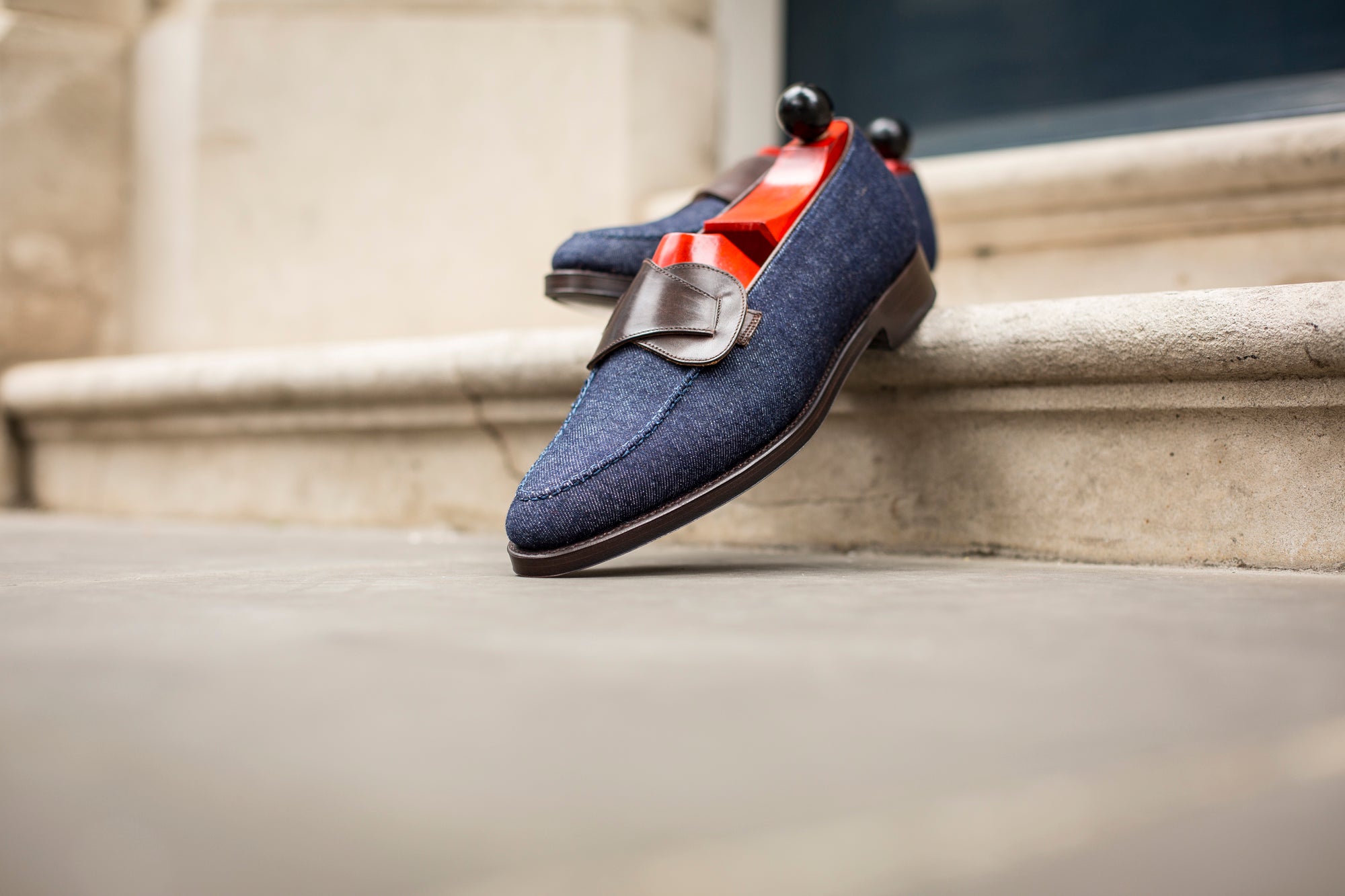Hawthorne - MTO - Blue Denim / Dark Brown Museum Calf - TMG Last - Single Leather Sole-Made To Order Butterfly Loafer Hand Stitched-J.FitzPatrick Footwear