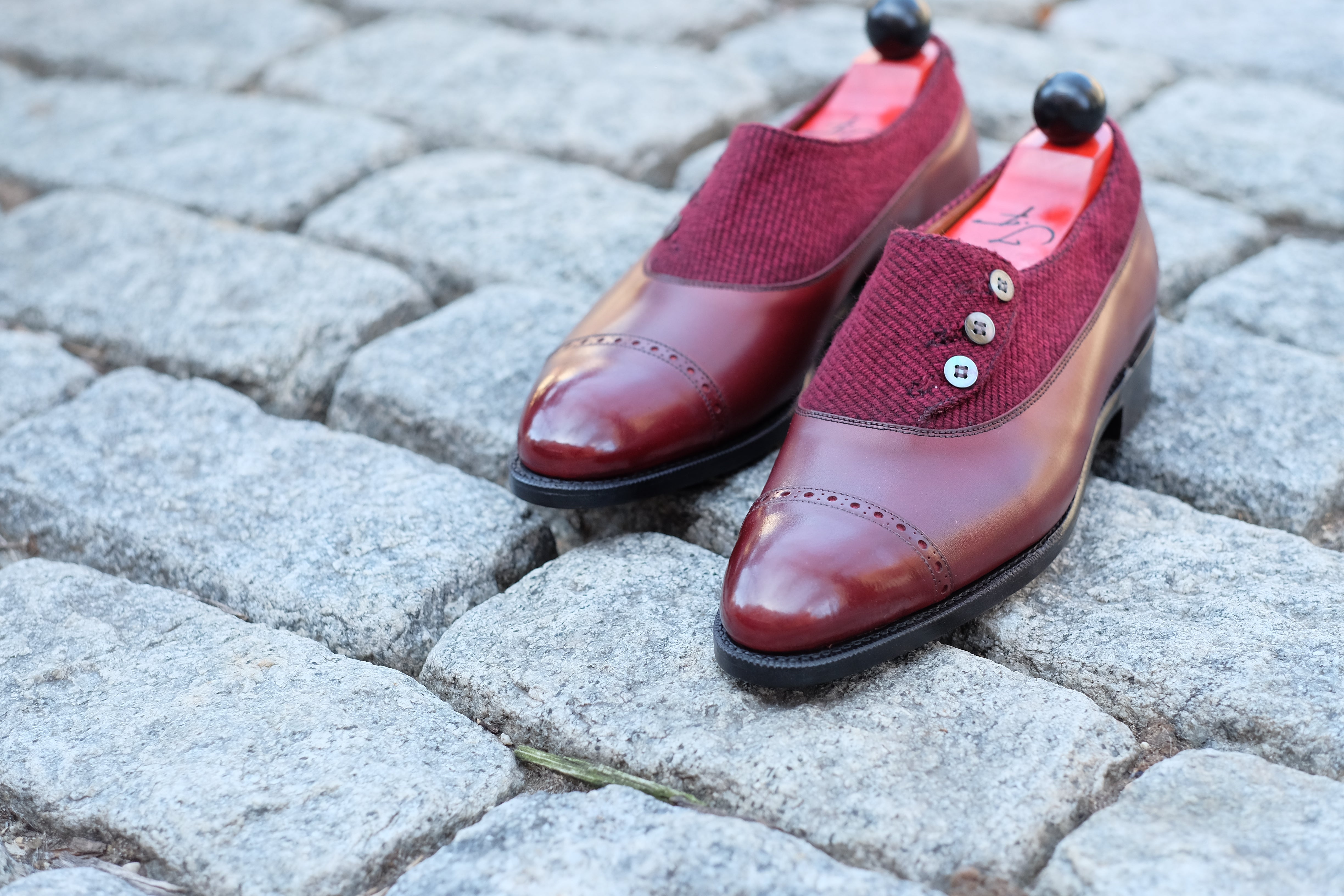 Kingston - MTO - Burgundy Calf / Red Poulsbo - NGT Last - Single Leather Sole-Made To Order Button Shoe Plain Toe-J.FitzPatrick Footwear