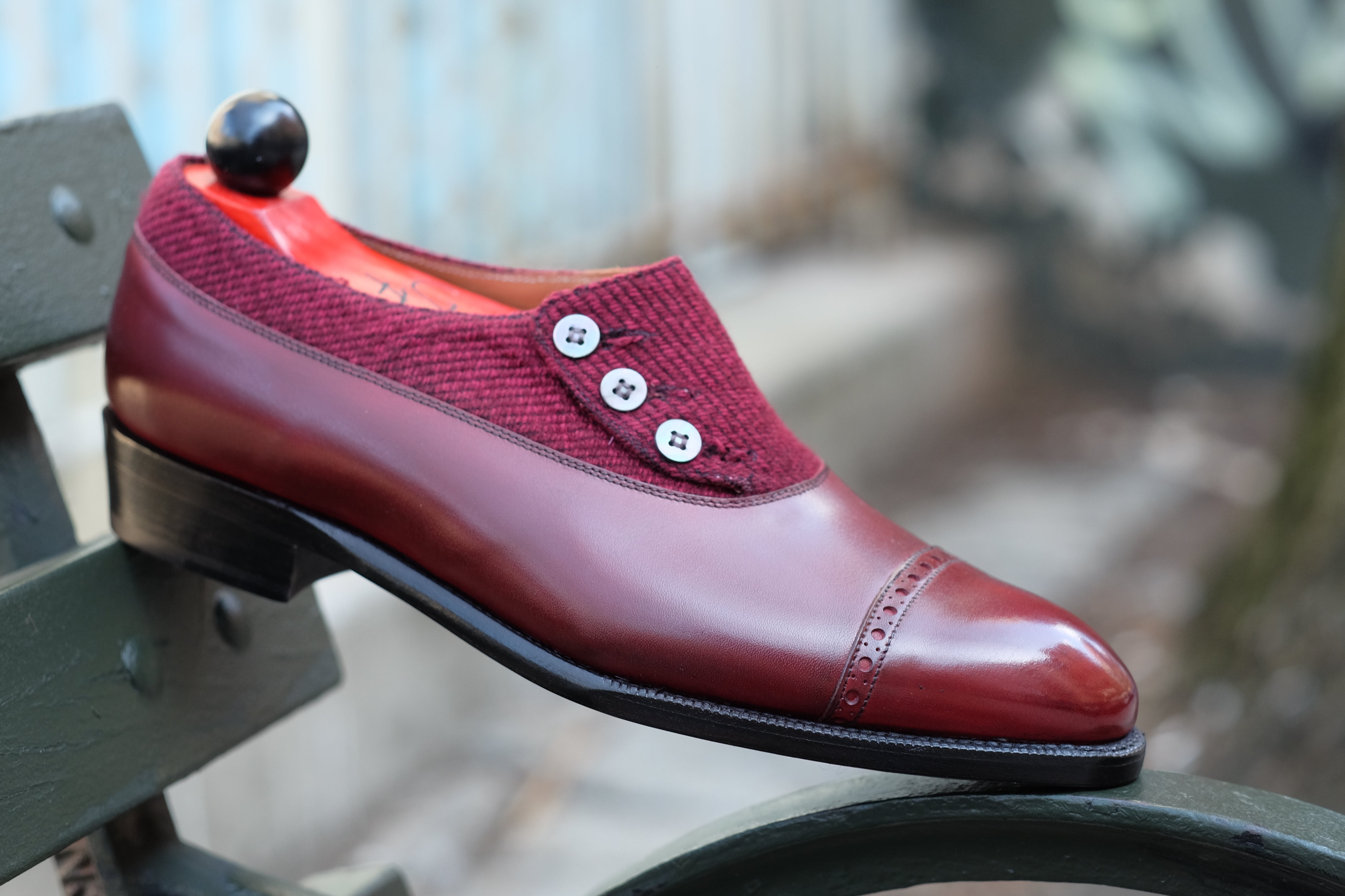 Kingston - MTO - Burgundy Calf / Red Poulsbo - NGT Last - Single Leather Sole-Made To Order Button Shoe Plain Toe-J.FitzPatrick Footwear
