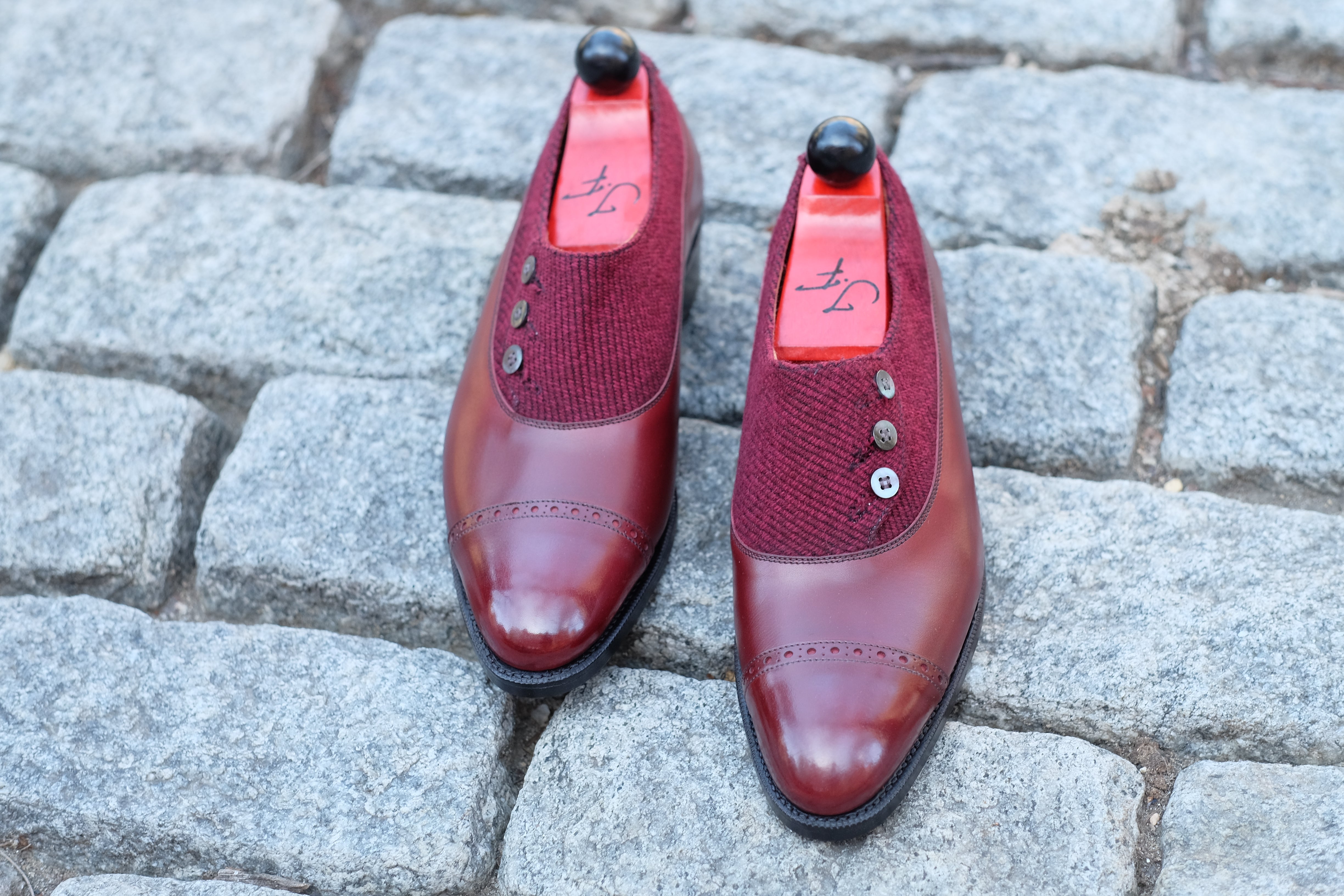 Kingston - MTO - Burgundy Calf / Red Poulsbo - NGT Last - Single Leather Sole-Made To Order Button Shoe Plain Toe-J.FitzPatrick Footwear