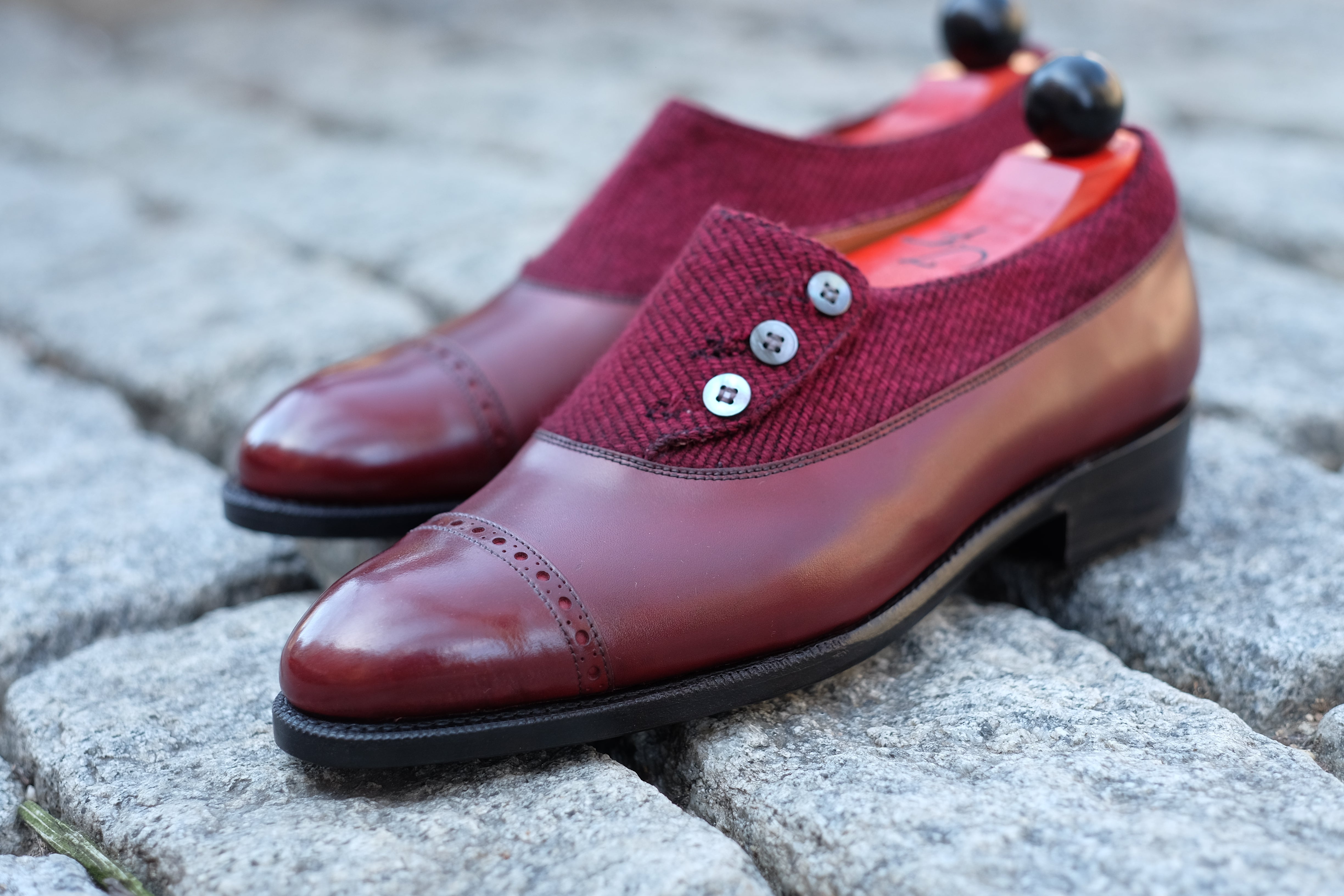 Kingston - MTO - Burgundy Calf / Red Poulsbo - NGT Last - Single Leather Sole-Made To Order Button Shoe Plain Toe-J.FitzPatrick Footwear
