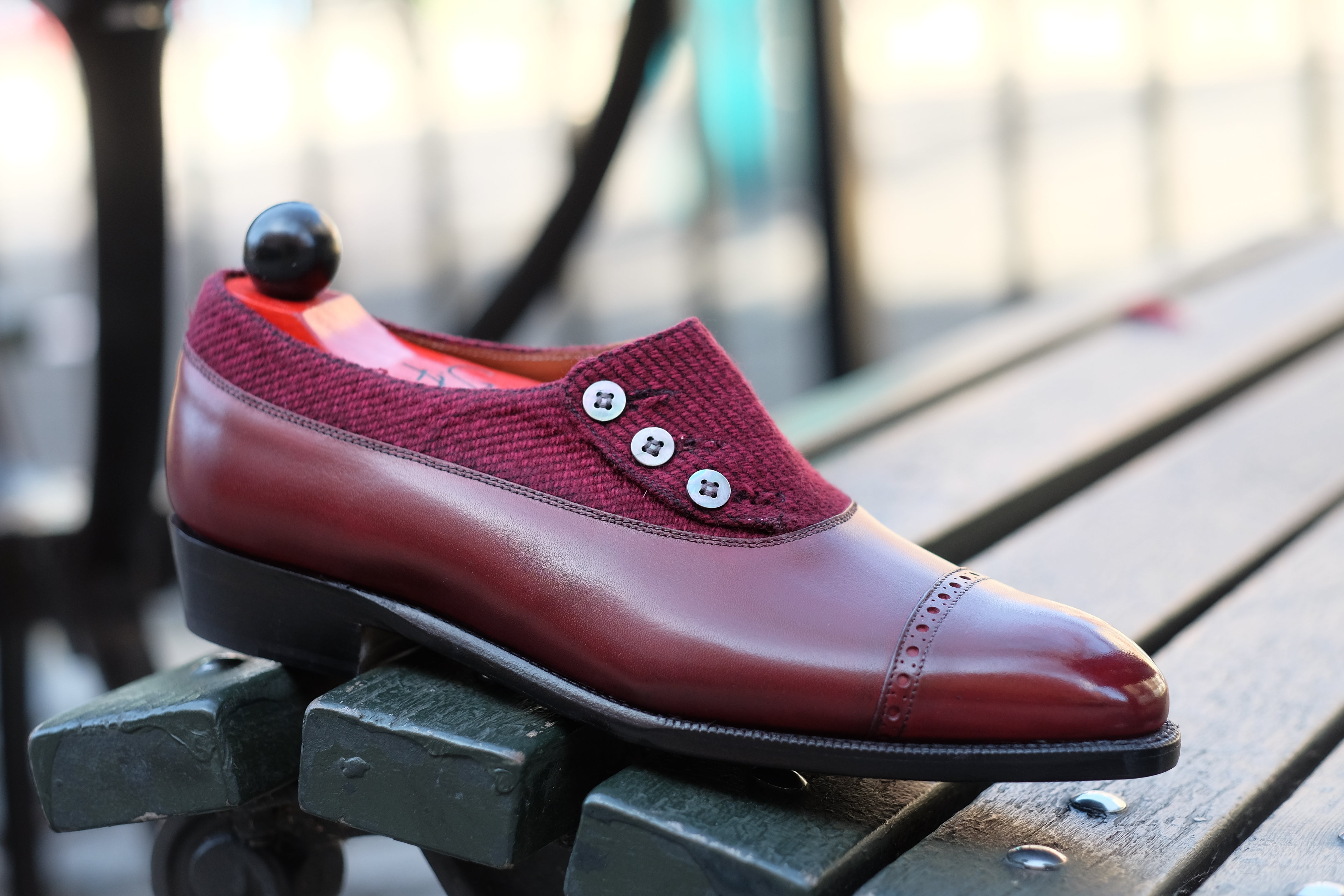 Kingston - MTO - Burgundy Calf / Red Poulsbo - NGT Last - Single Leather Sole-Made To Order Button Shoe Plain Toe-J.FitzPatrick Footwear