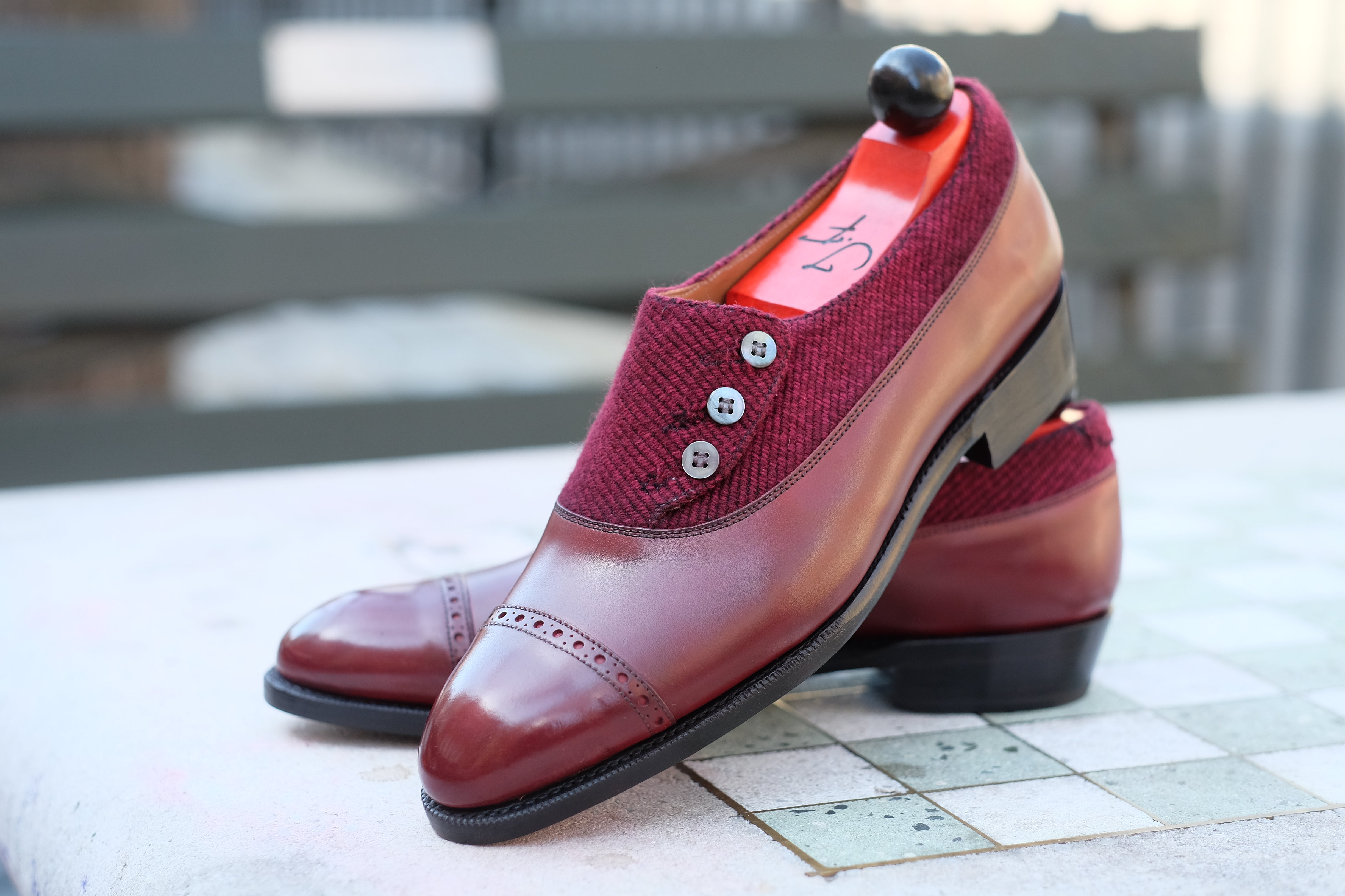 Kingston - MTO - Burgundy Calf / Red Poulsbo - NGT Last - Single Leather Sole-Made To Order Button Shoe Plain Toe-J.FitzPatrick Footwear