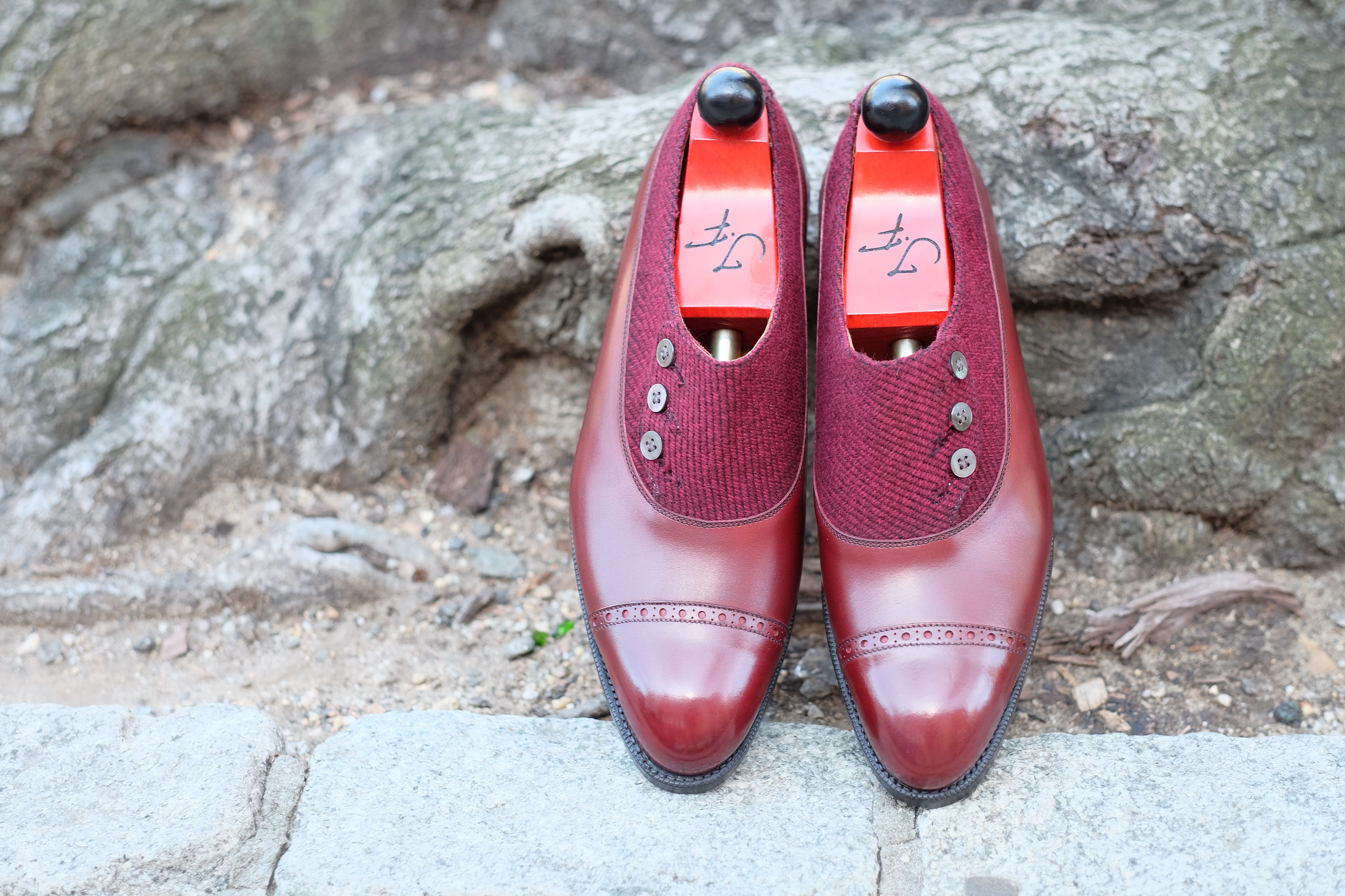 Kingston - MTO - Burgundy Calf / Red Poulsbo - NGT Last - Single Leather Sole-Made To Order Button Shoe Plain Toe-J.FitzPatrick Footwear