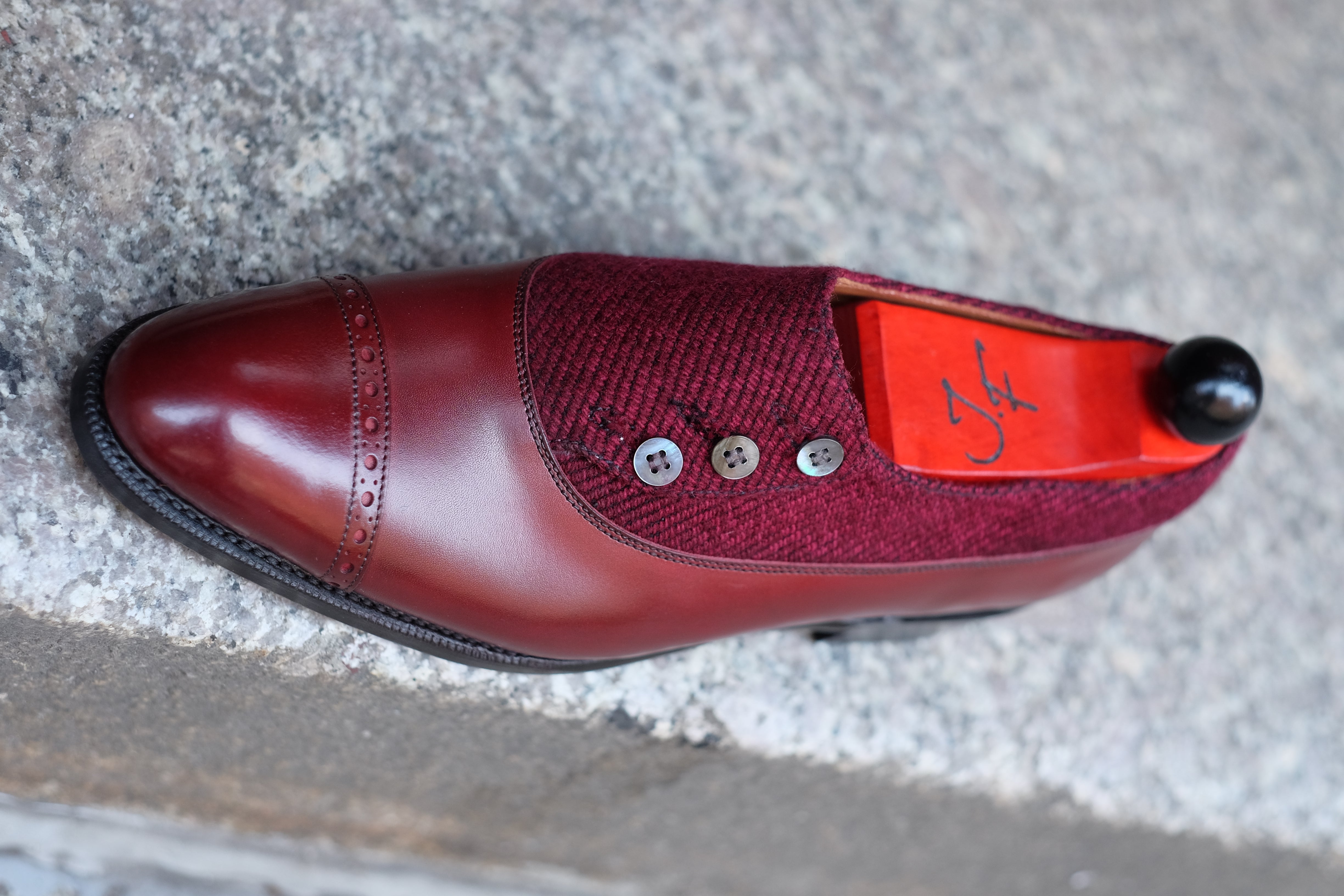 Kingston - MTO - Burgundy Calf / Red Poulsbo - NGT Last - Single Leather Sole-Made To Order Button Shoe Plain Toe-J.FitzPatrick Footwear