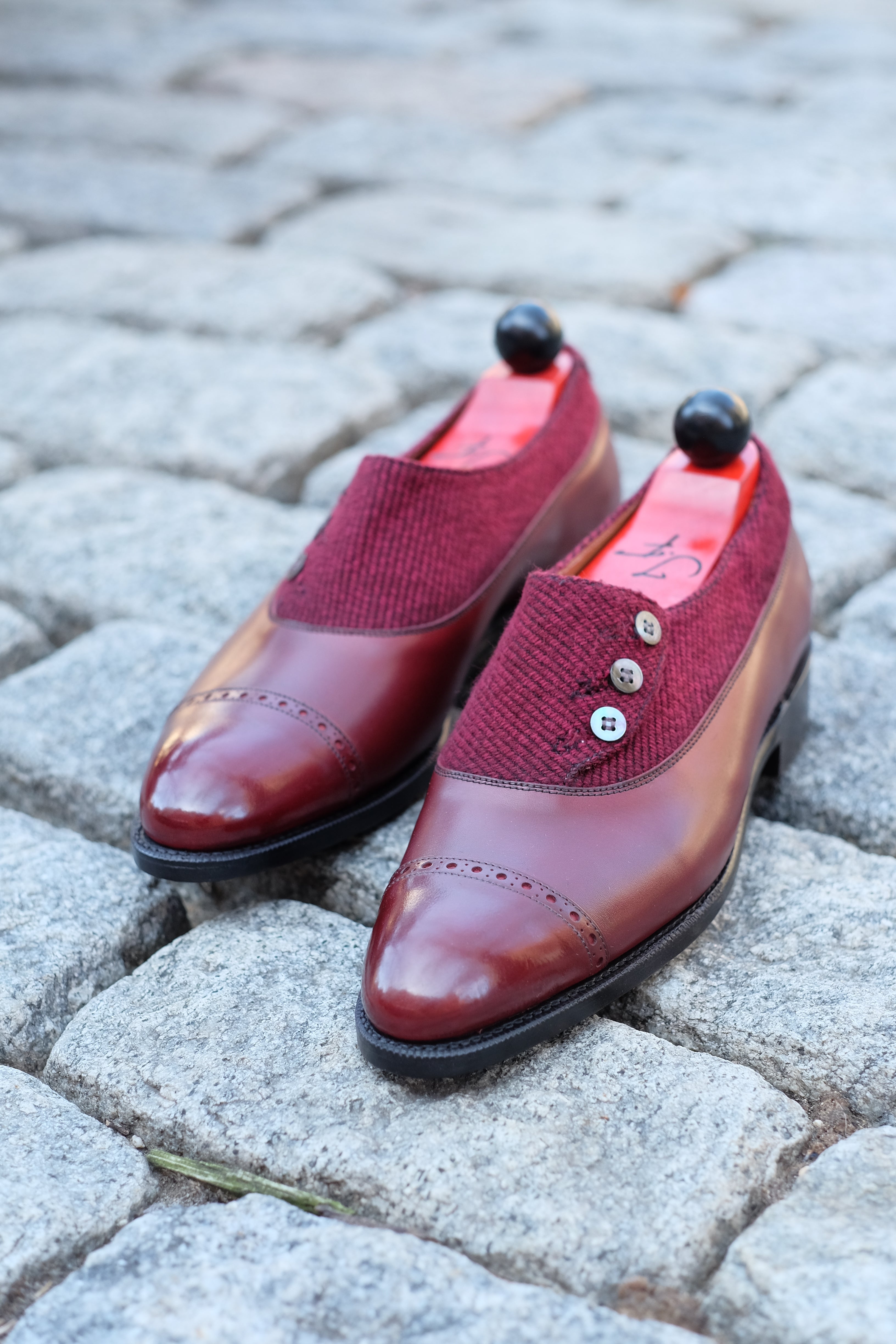 Kingston - MTO - Burgundy Calf / Red Poulsbo - NGT Last - Single Leather Sole-Made To Order Button Shoe Plain Toe-J.FitzPatrick Footwear