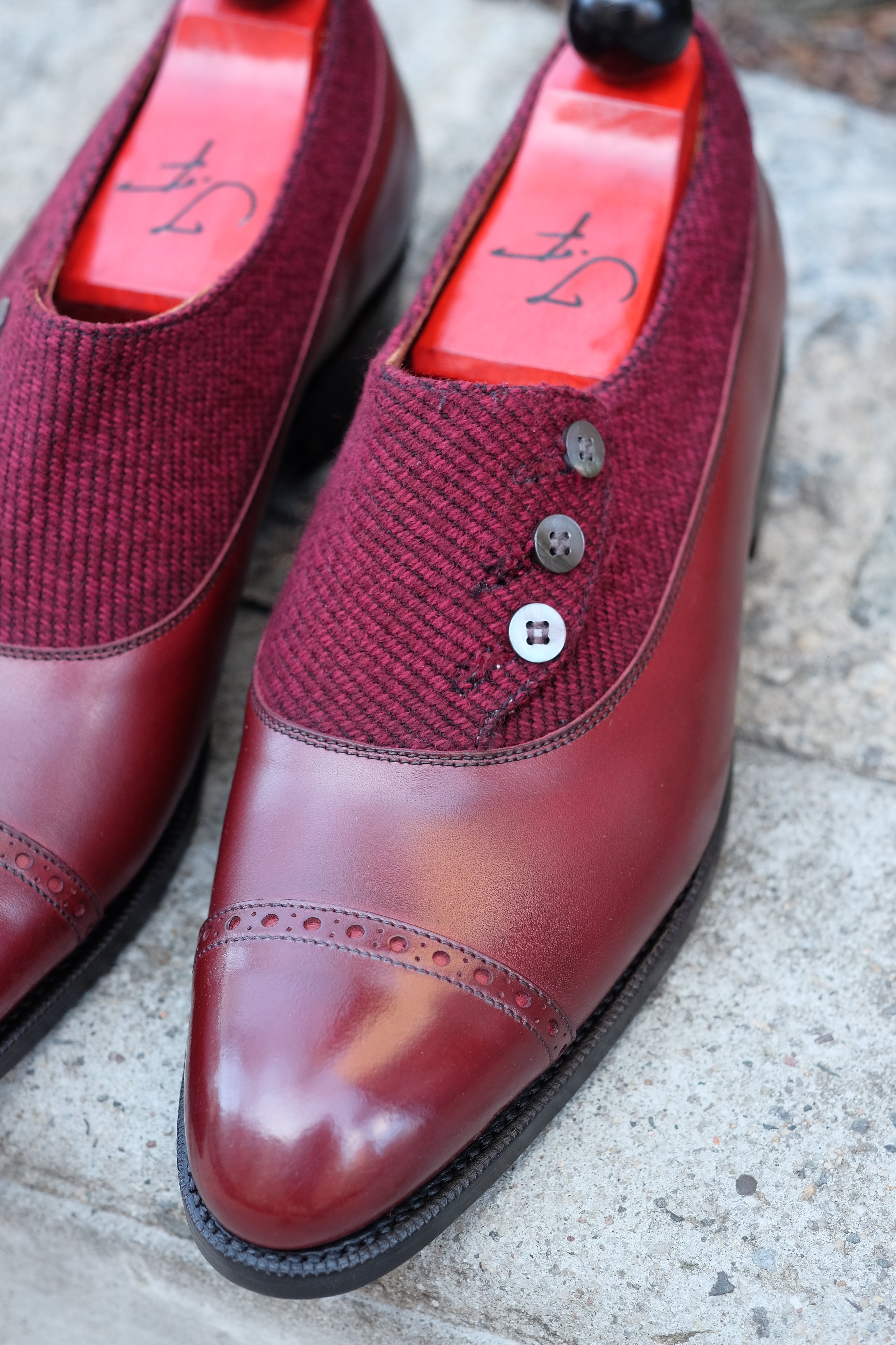 Kingston - MTO - Burgundy Calf / Red Poulsbo - NGT Last - Single Leather Sole-Made To Order Button Shoe Plain Toe-J.FitzPatrick Footwear