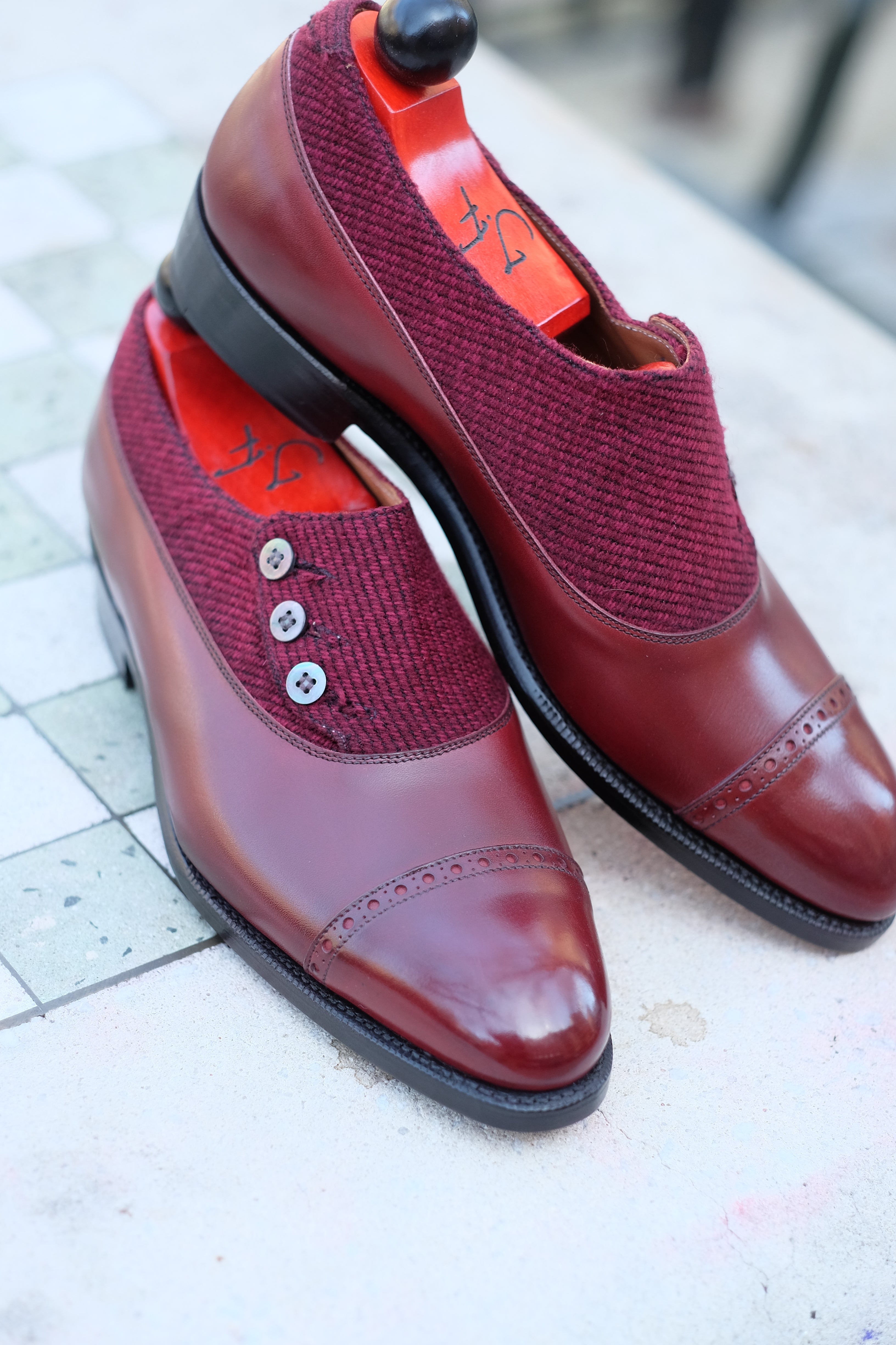 Kingston - MTO - Burgundy Calf / Red Poulsbo - NGT Last - Single Leather Sole-Made To Order Button Shoe Plain Toe-J.FitzPatrick Footwear