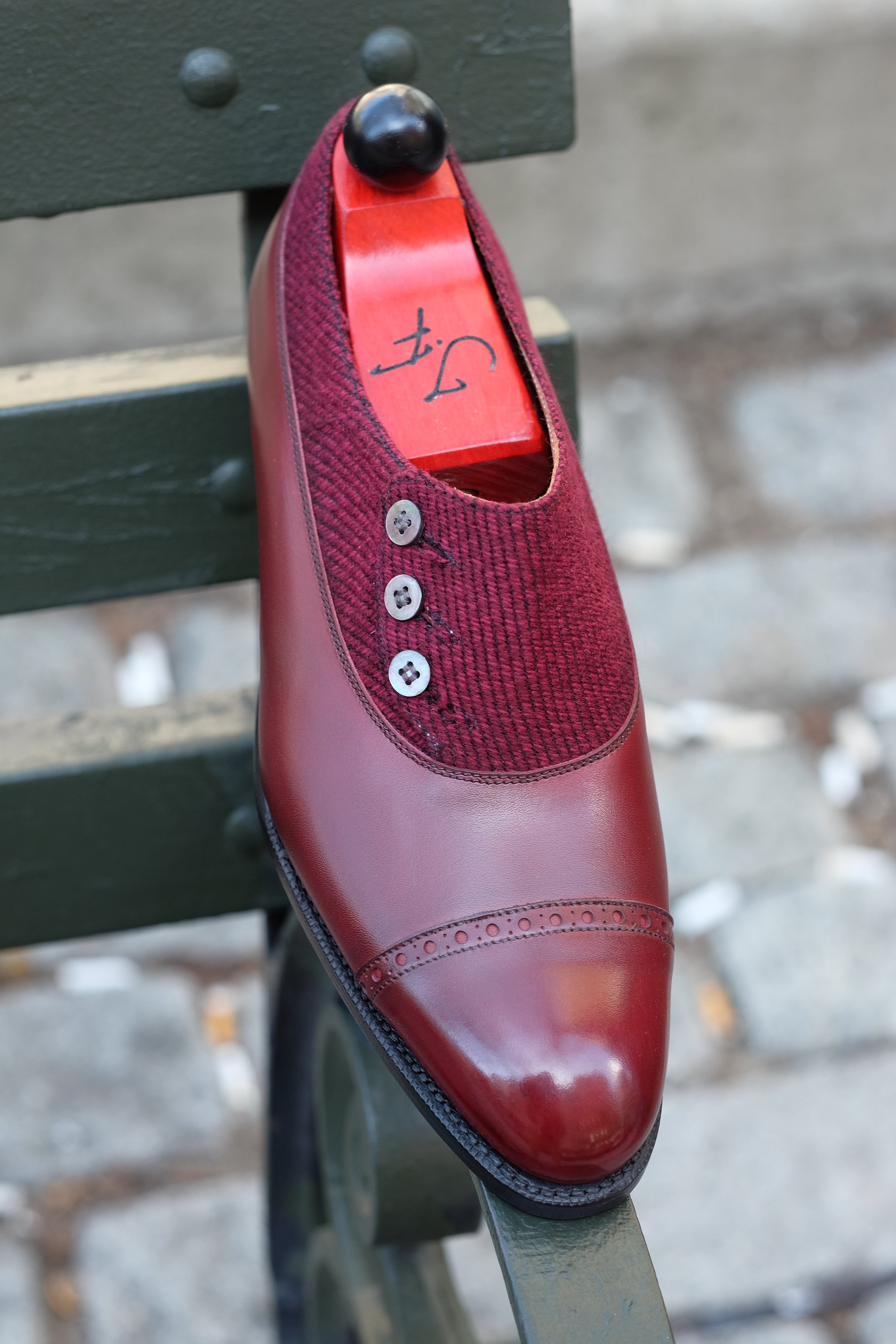 Kingston - MTO - Burgundy Calf / Red Poulsbo - NGT Last - Single Leather Sole-Made To Order Button Shoe Plain Toe-J.FitzPatrick Footwear