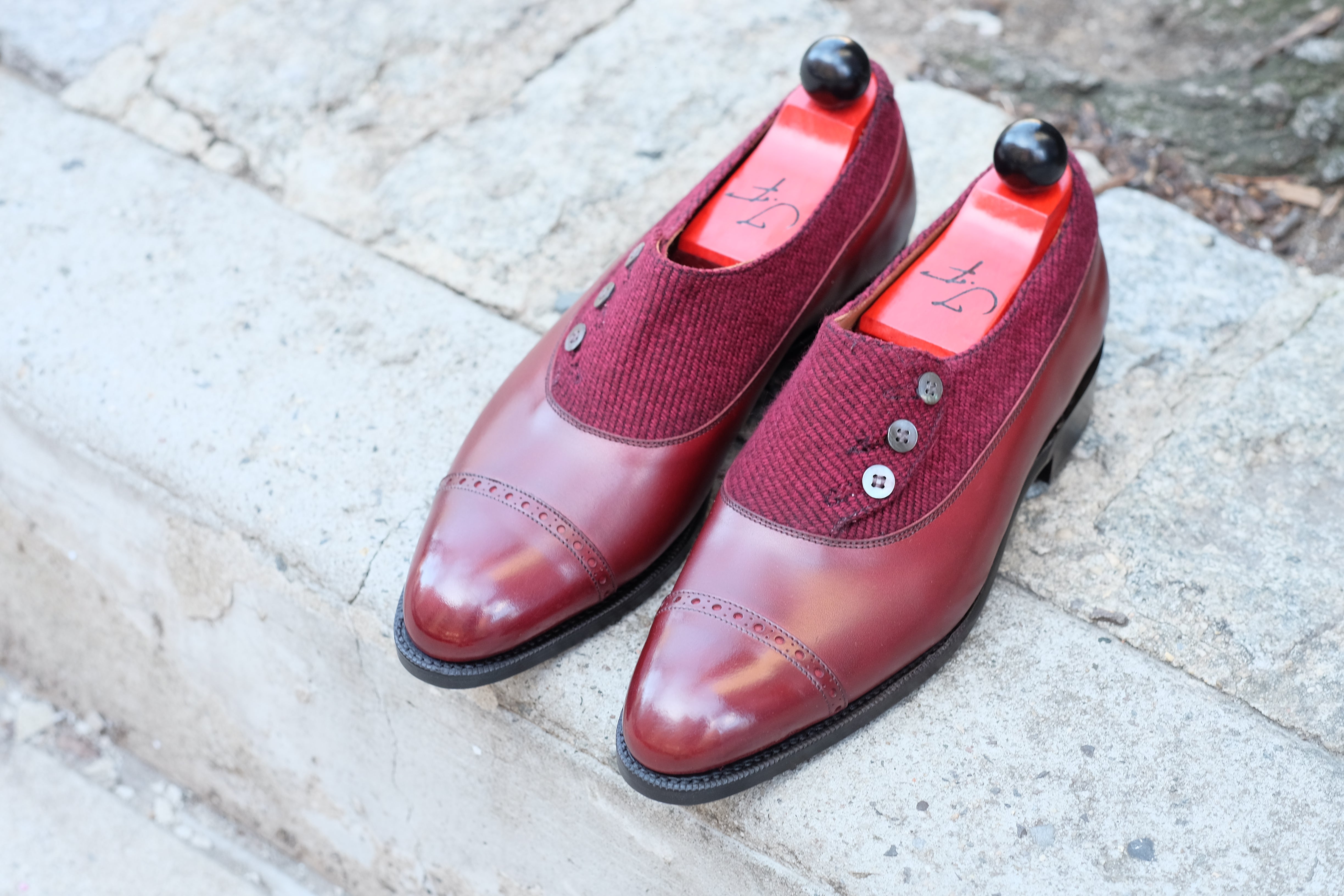 Kingston - MTO - Burgundy Calf / Red Poulsbo - NGT Last - Single Leather Sole-Made To Order Button Shoe Plain Toe-J.FitzPatrick Footwear