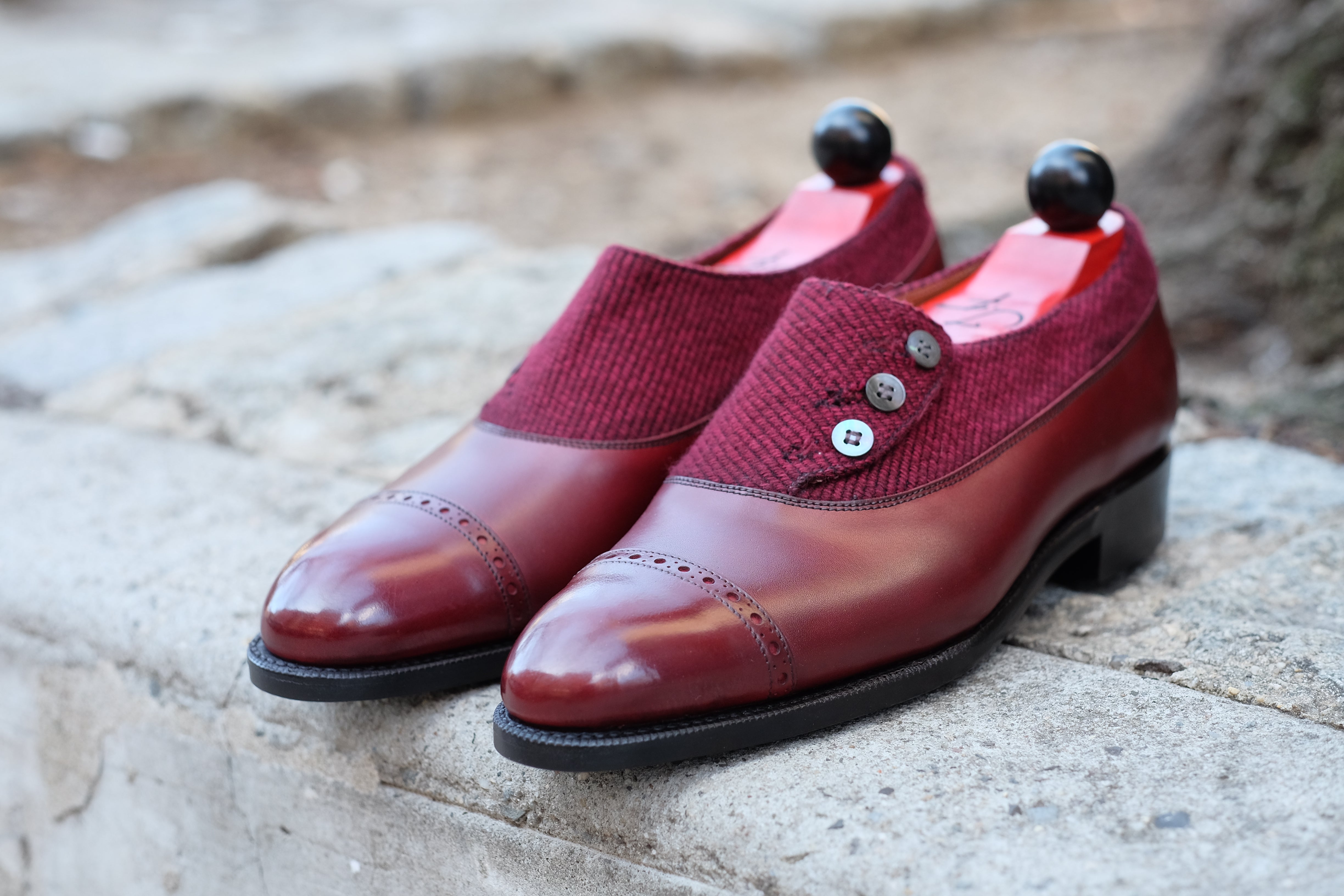 Kingston - MTO - Burgundy Calf / Red Poulsbo - NGT Last - Single Leather Sole-Made To Order Button Shoe Plain Toe-J.FitzPatrick Footwear
