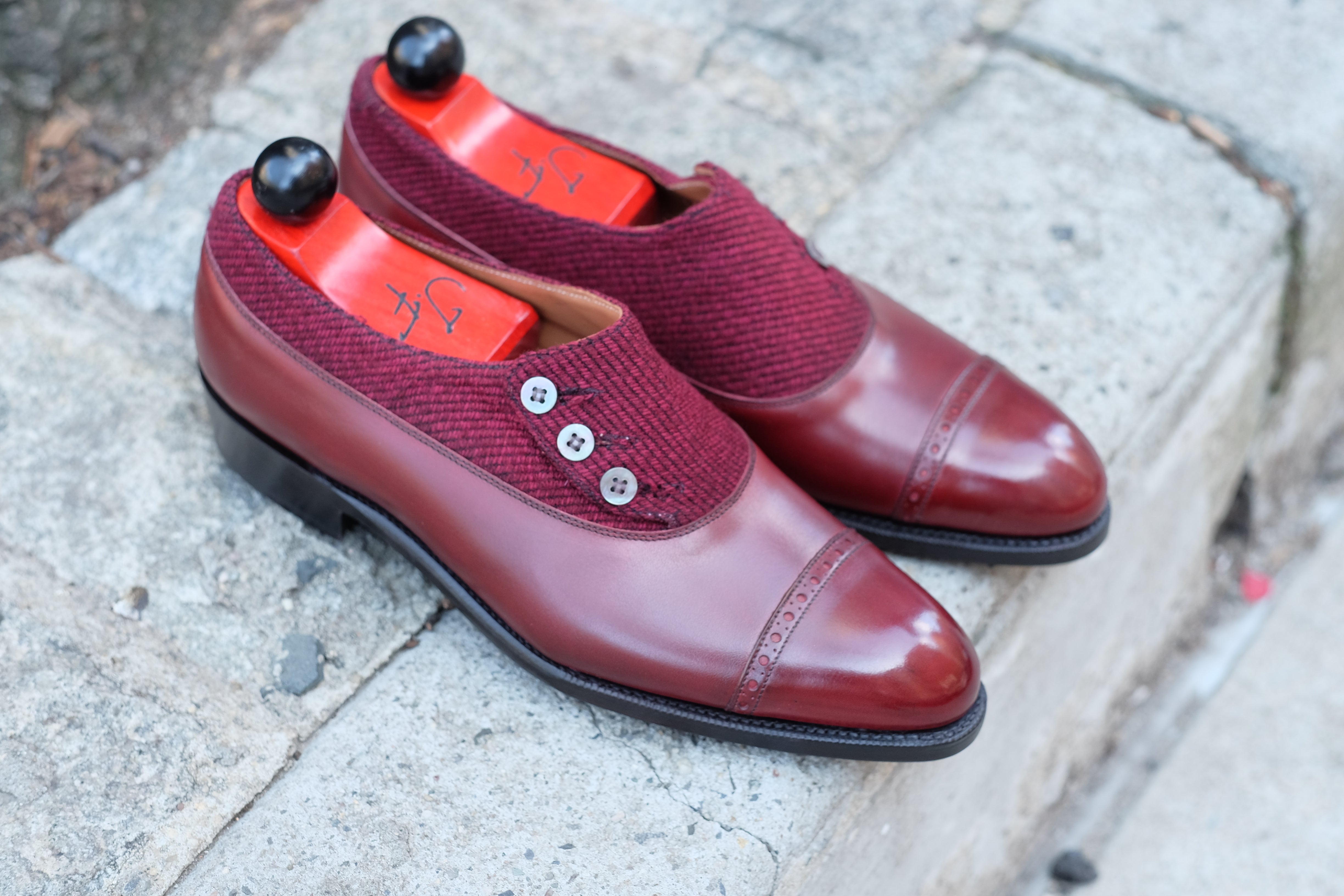 Kingston - MTO - Burgundy Calf / Red Poulsbo - NGT Last - Single Leather Sole-Made To Order Button Shoe Plain Toe-J.FitzPatrick Footwear