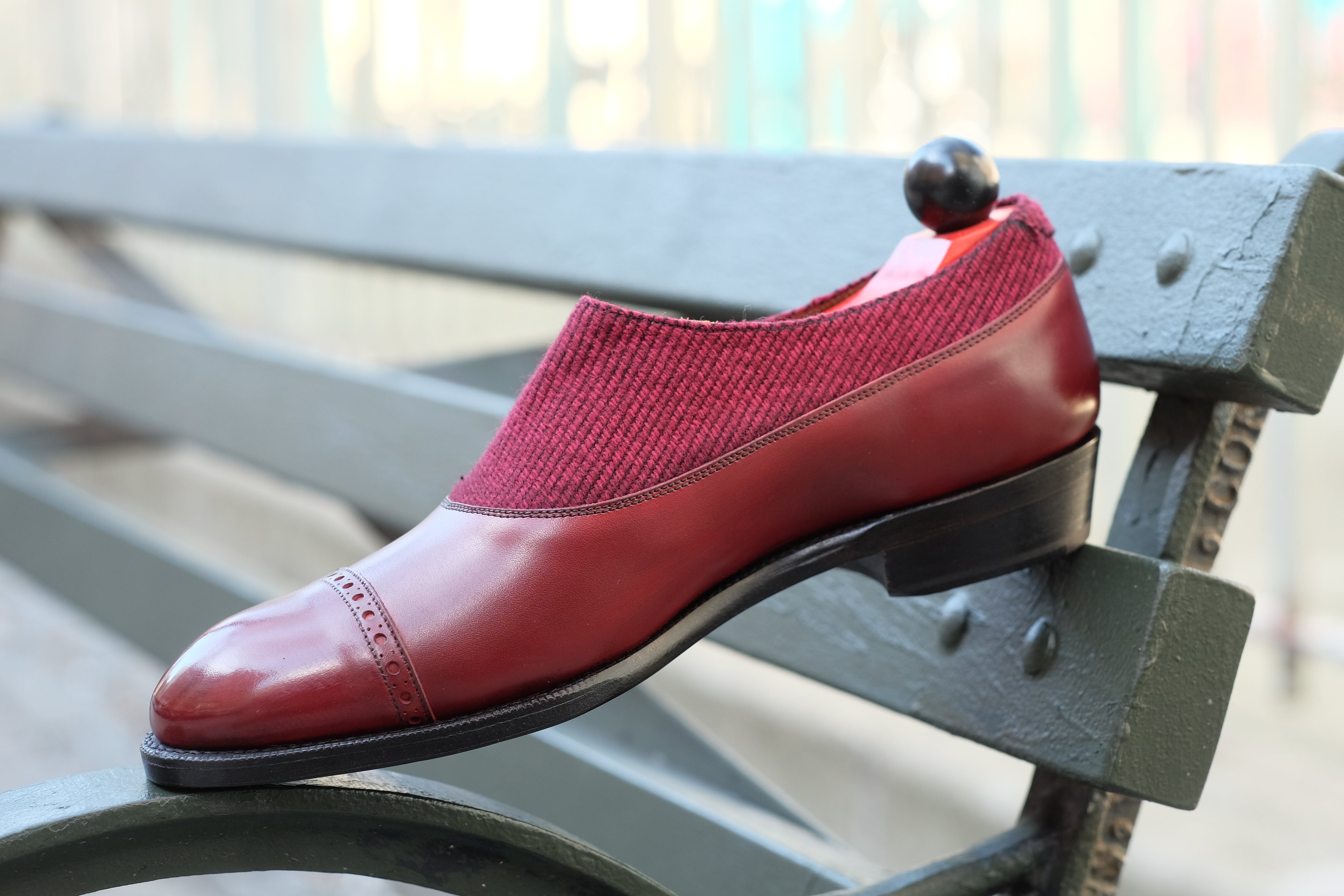 Kingston - MTO - Burgundy Calf / Red Poulsbo - NGT Last - Single Leather Sole-Made To Order Button Shoe Plain Toe-J.FitzPatrick Footwear