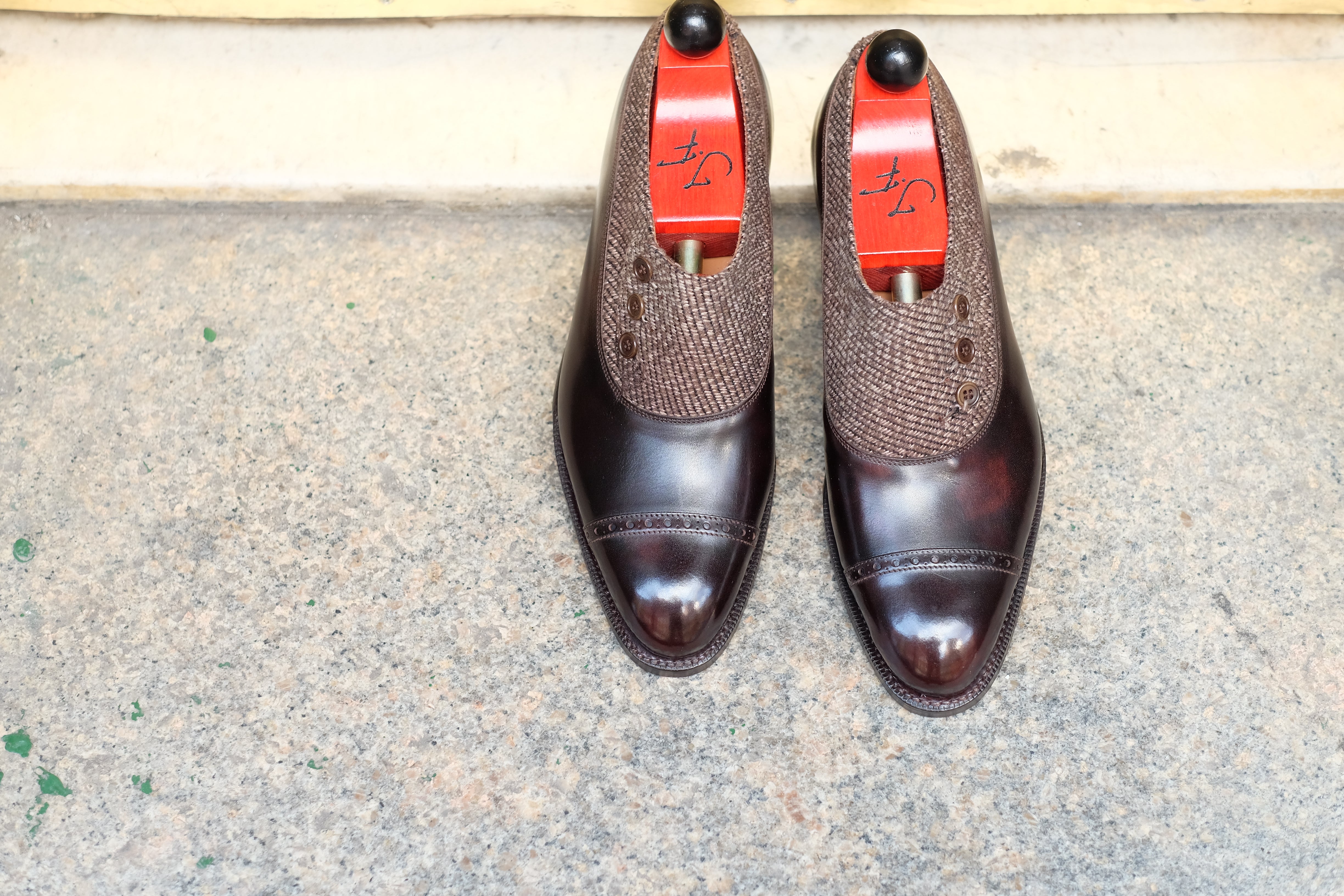 Kingston - MTO - Dark Brown Museum Calf / Brown Poulsbo - NGT Last - Single Leather Sole-Made To Order Button Shoe Plain Toe-J.FitzPatrick Footwear