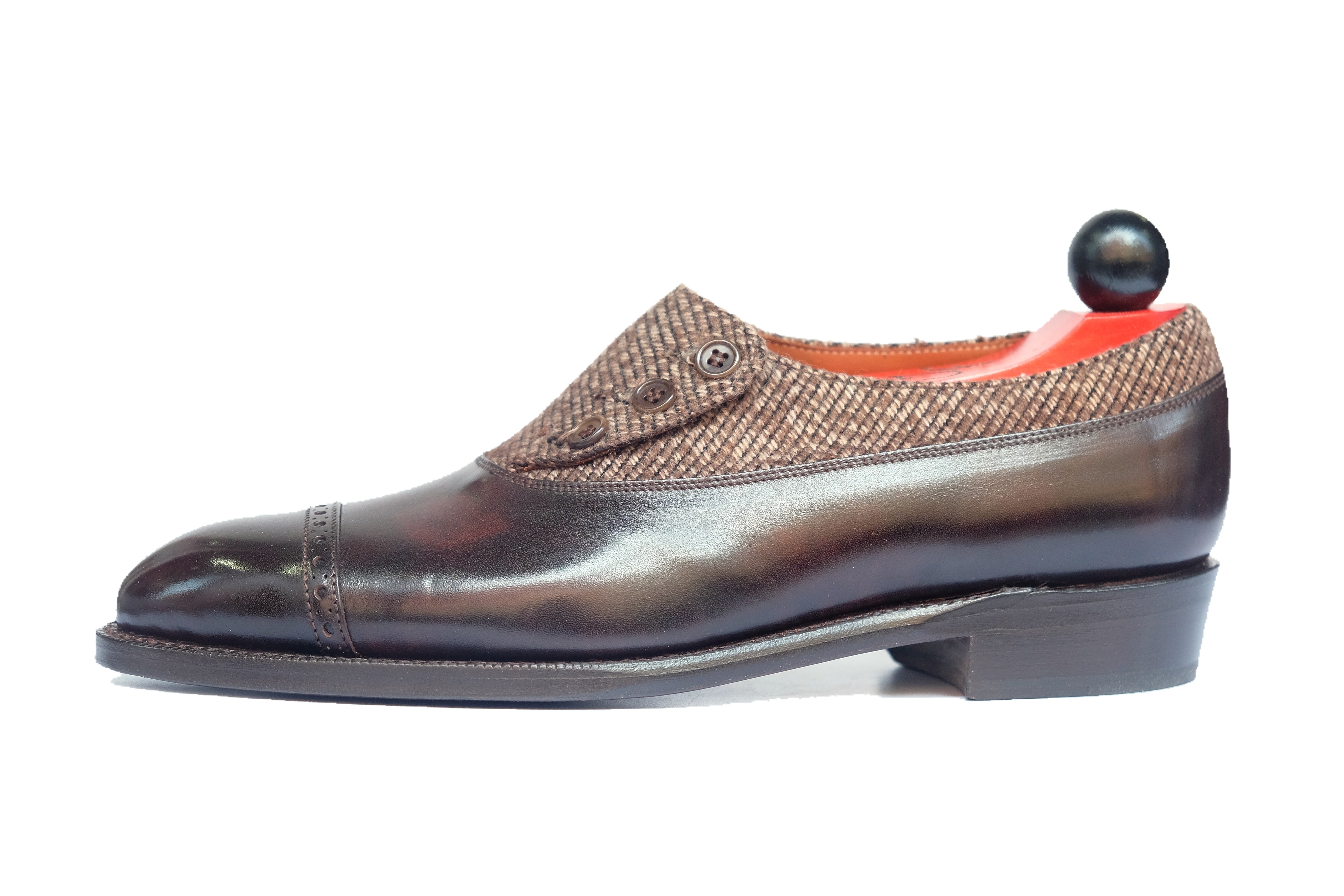 Kingston - MTO - Dark Brown Museum Calf / Brown Poulsbo - NGT Last - Single Leather Sole-Made To Order Button Shoe Plain Toe-J.FitzPatrick Footwear