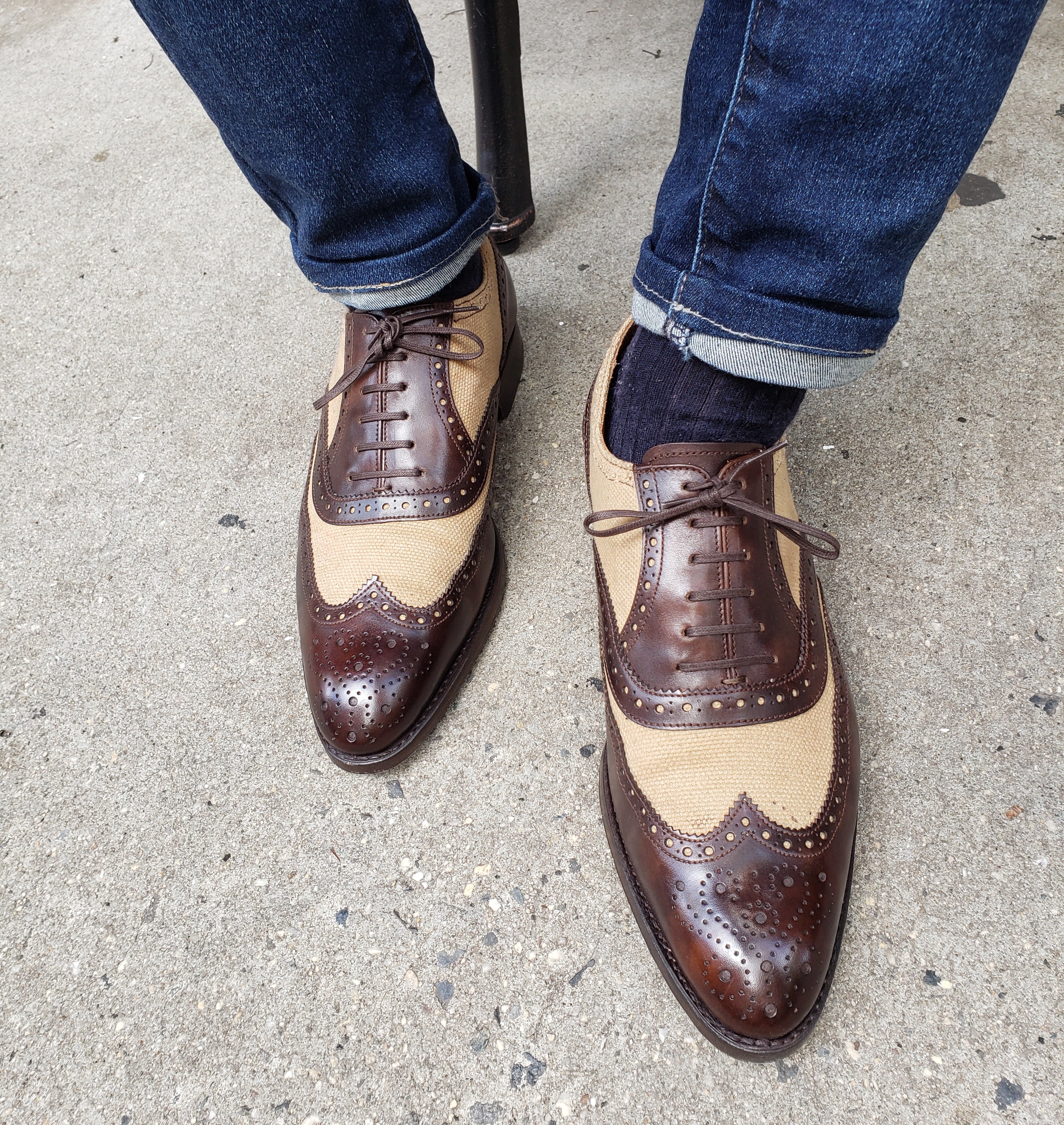 Kitsap - MTO - Dark Brown Museum Calf / Hemp Canvas - NGT Last - Single Leather Sole-Made To Order Wingtip Brogue Oxfords Spectator-J.FitzPatrick Footwear
