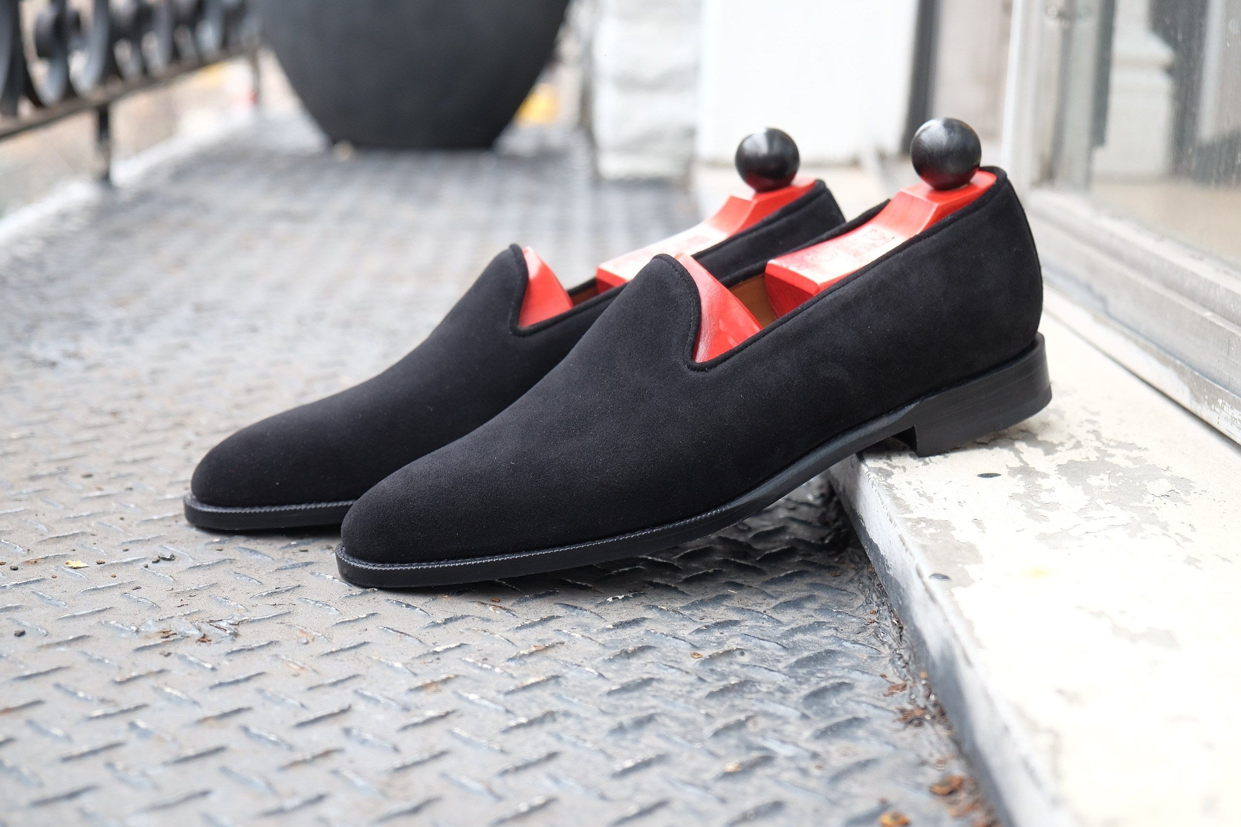 Laurelhurst II - MTO - Black Suede - TMG Last - Single Leather Sole-Made To Order Slipper Loafer Medallion-J.FitzPatrick Footwear