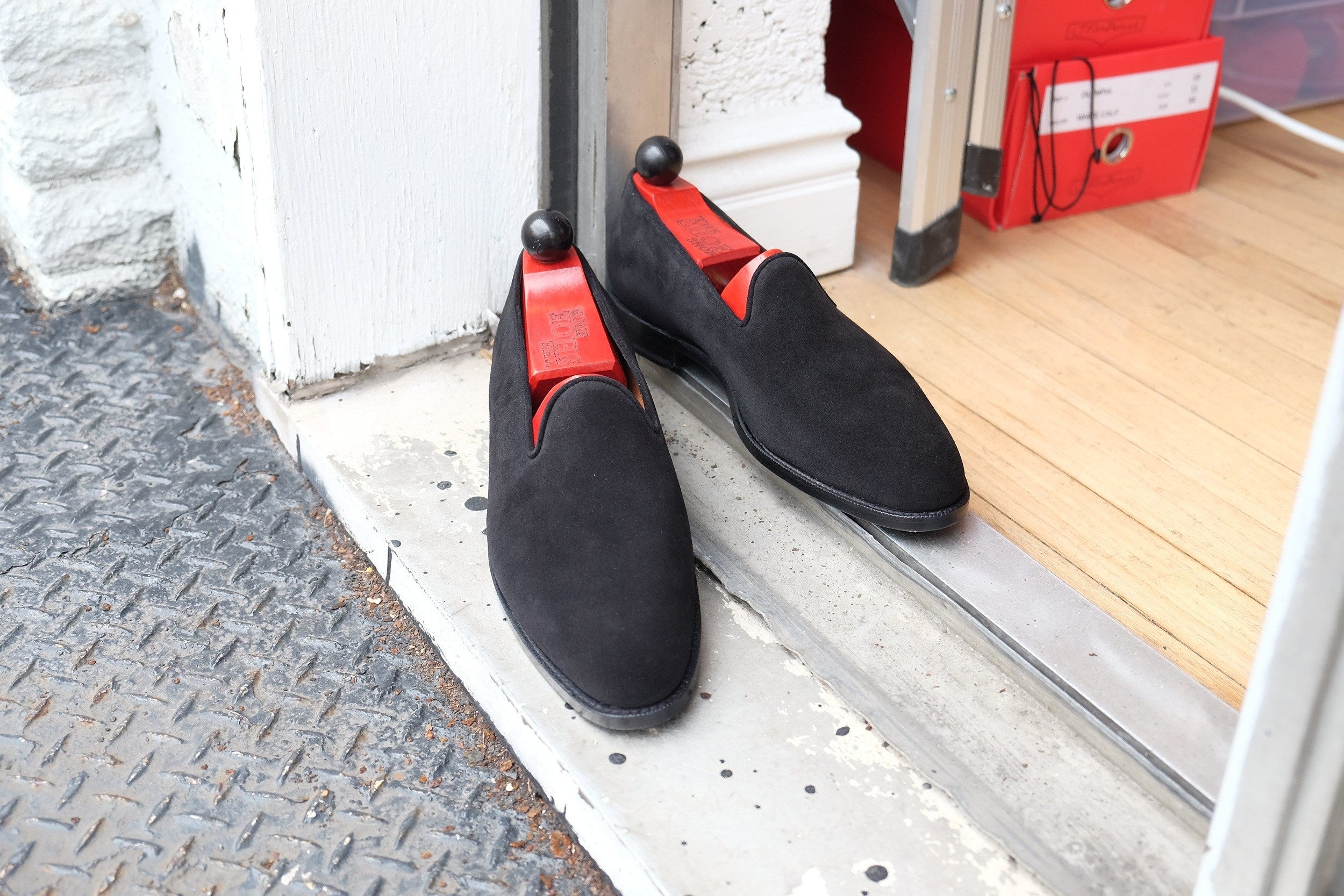 Laurelhurst II - MTO - Black Suede - TMG Last - Single Leather Sole-Made To Order Slipper Loafer Medallion-J.FitzPatrick Footwear
